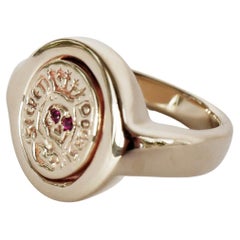 Ruby Crest Signet Ring Memento Mori Style Gold Vermeil Skull Victorian Style