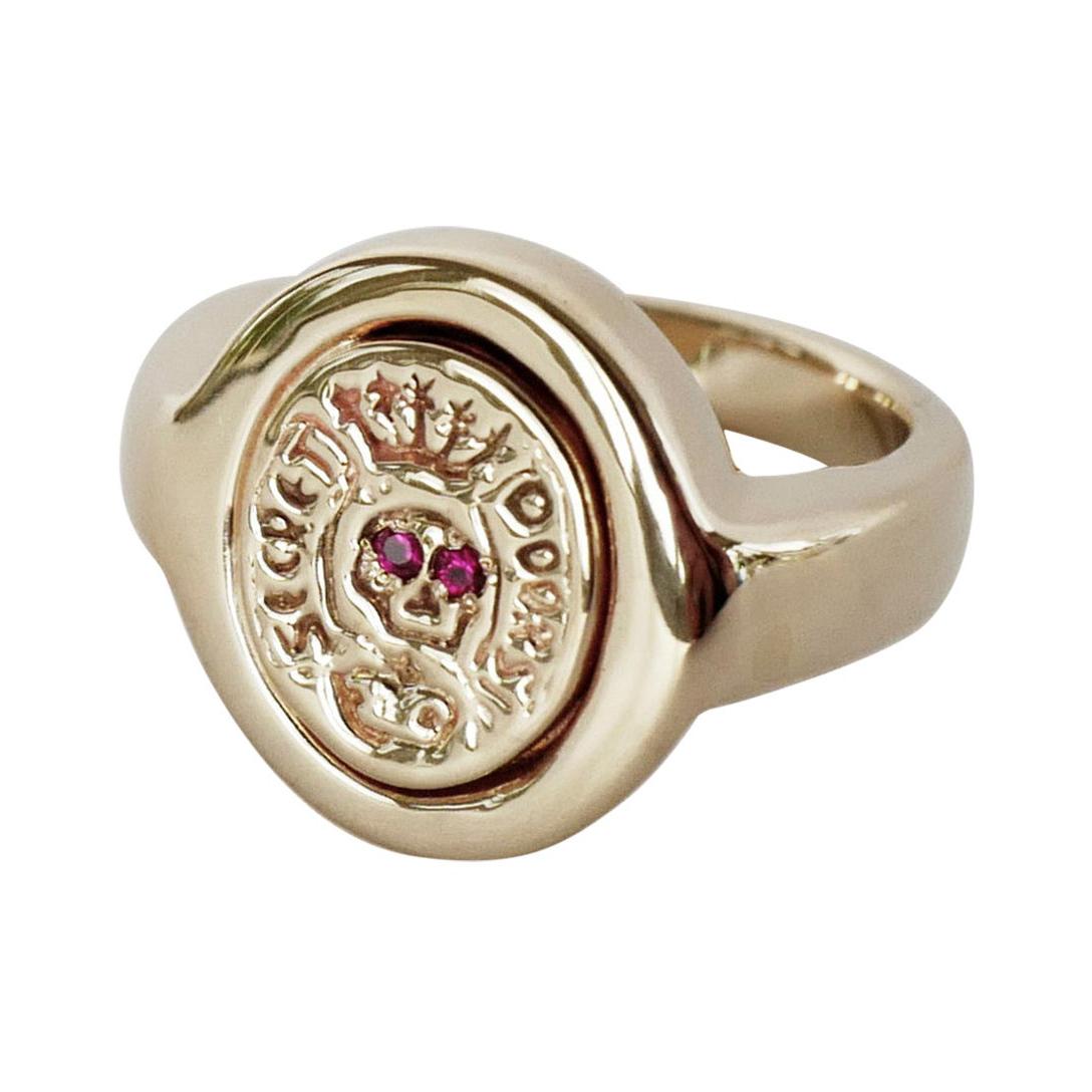 Ruby Crest Signet Ring Memento Mori Style Rebirth Skull Symbol Gold 

J DAUPHIN signature piece 
