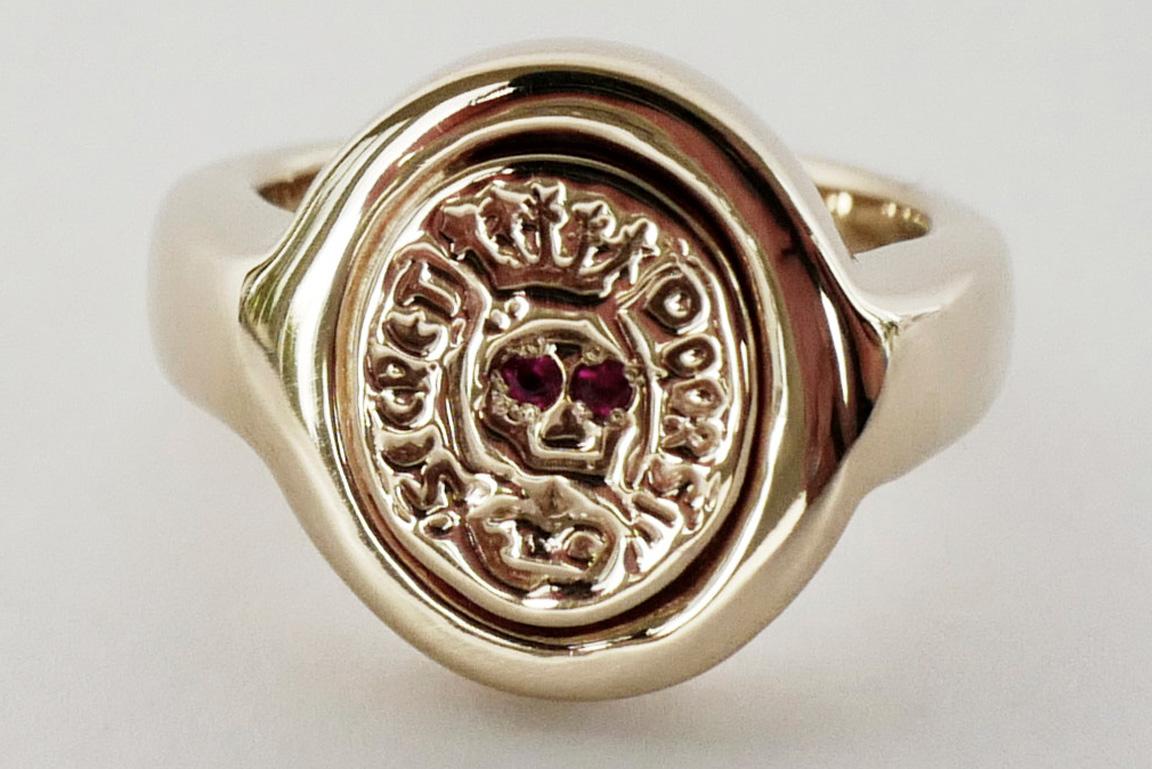 Brilliant Cut Ruby Crest Signet Ring Skull Yellow Gold Victorian Style 14 Karat J Dauphin For Sale