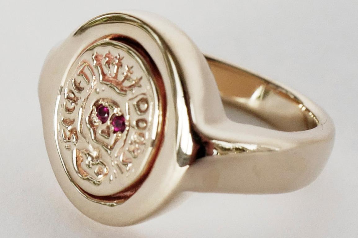 Brilliant Cut Ruby Crest Signet Ring Skull Yellow Gold Victorian Style 14 Karat J Dauphin For Sale