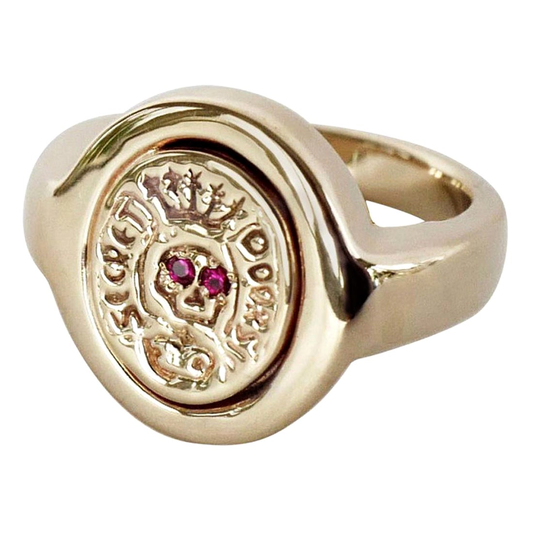 Ruby Crest Signet Ring Skull Yellow Gold Victorian Style 14k J Dauphin For Sale