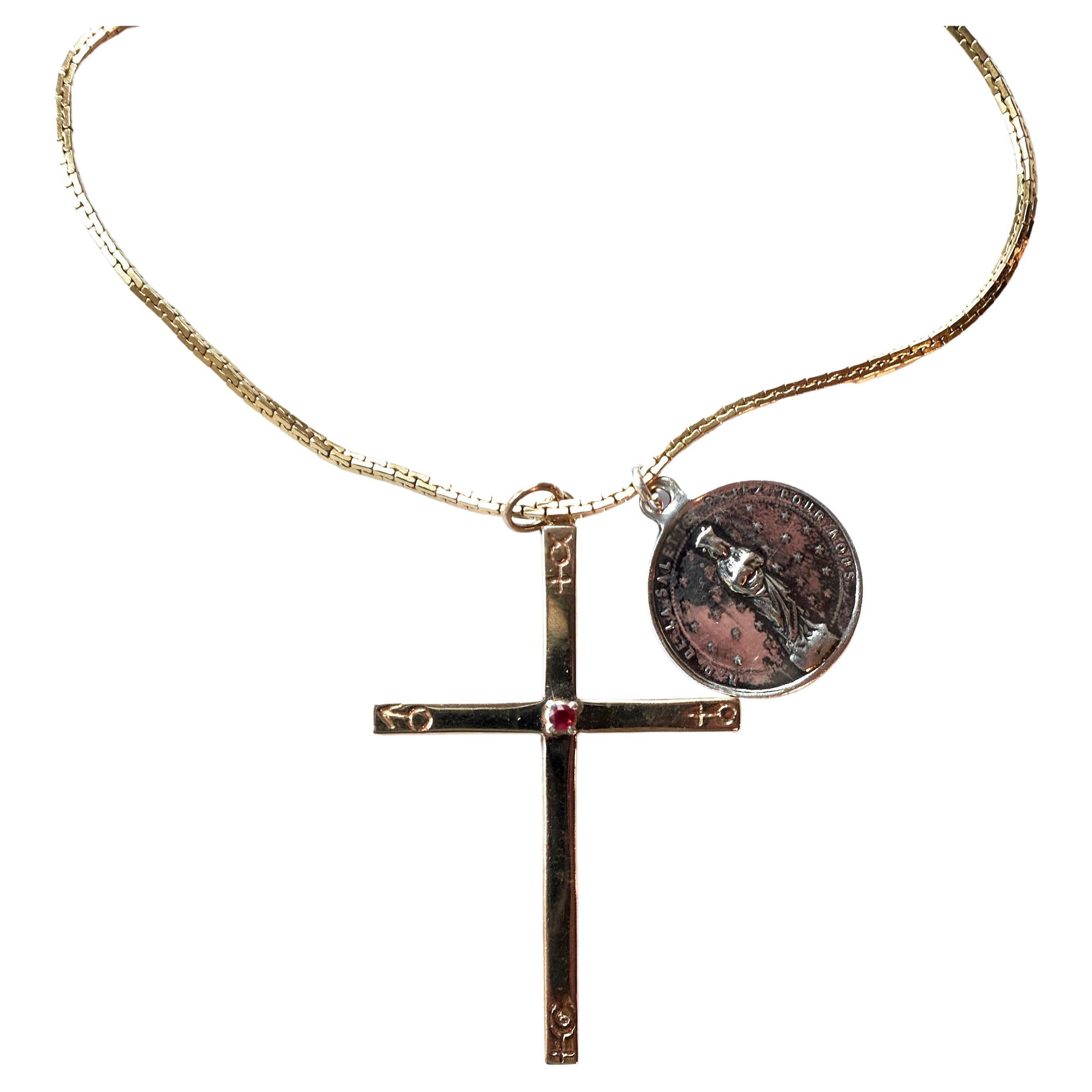 Ruby Cross Astrology Bronze Necklace French Saint Medal Sterling Silver 30