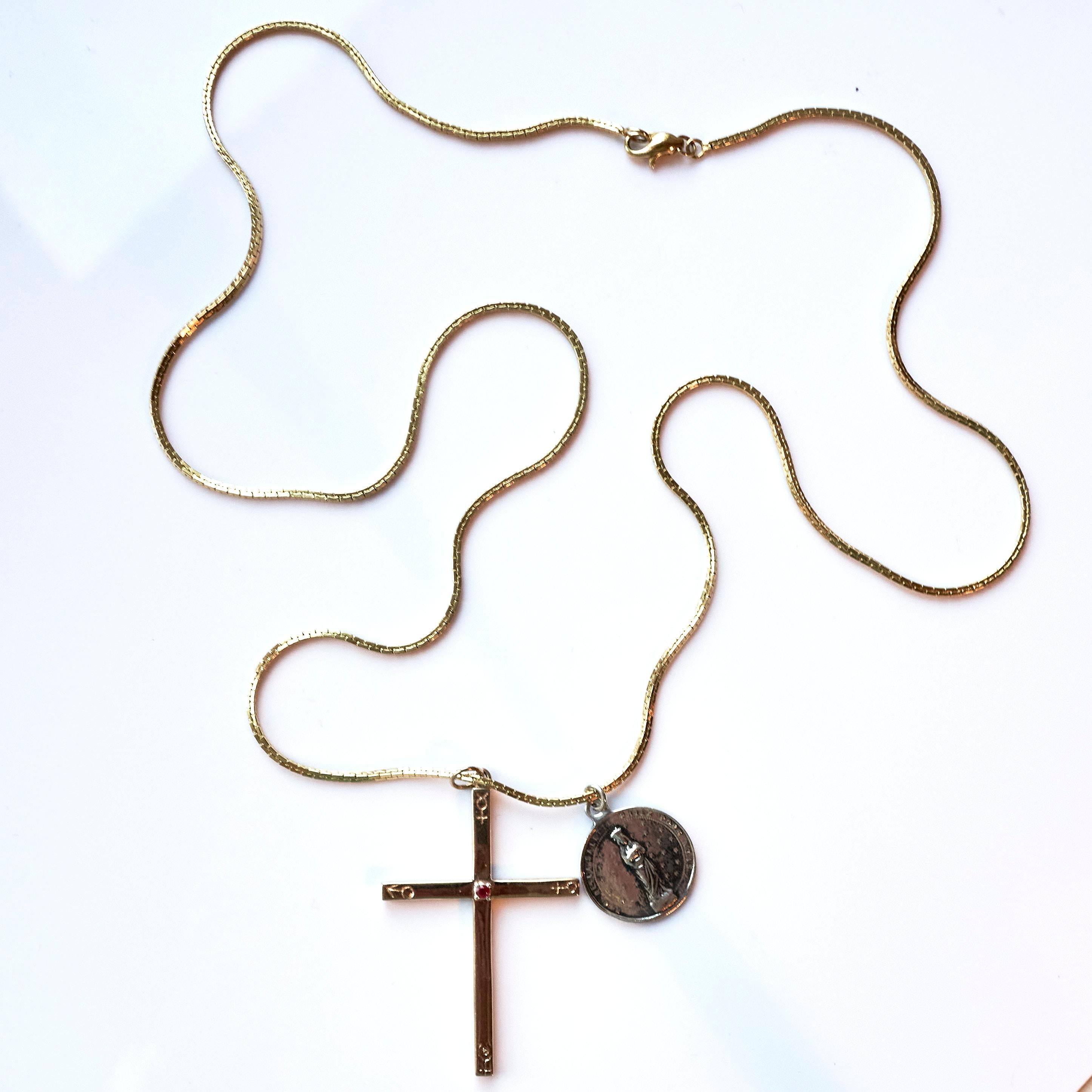 Collier croix astrologique française en bronze avec médaille Saint en argent sterling et rubis en vente 2
