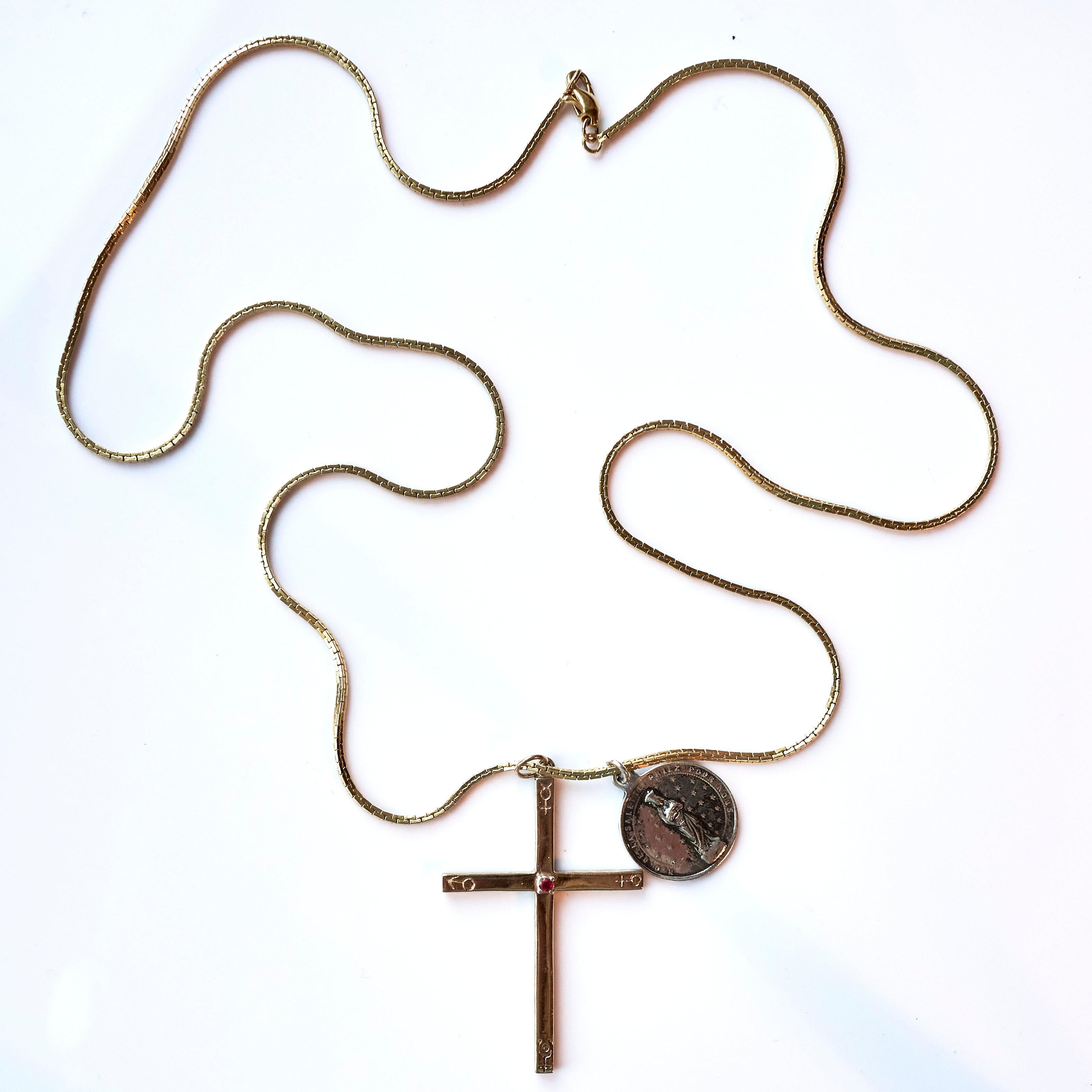 Collier croix astrologique française en bronze avec médaille Saint en argent sterling et rubis en vente 3