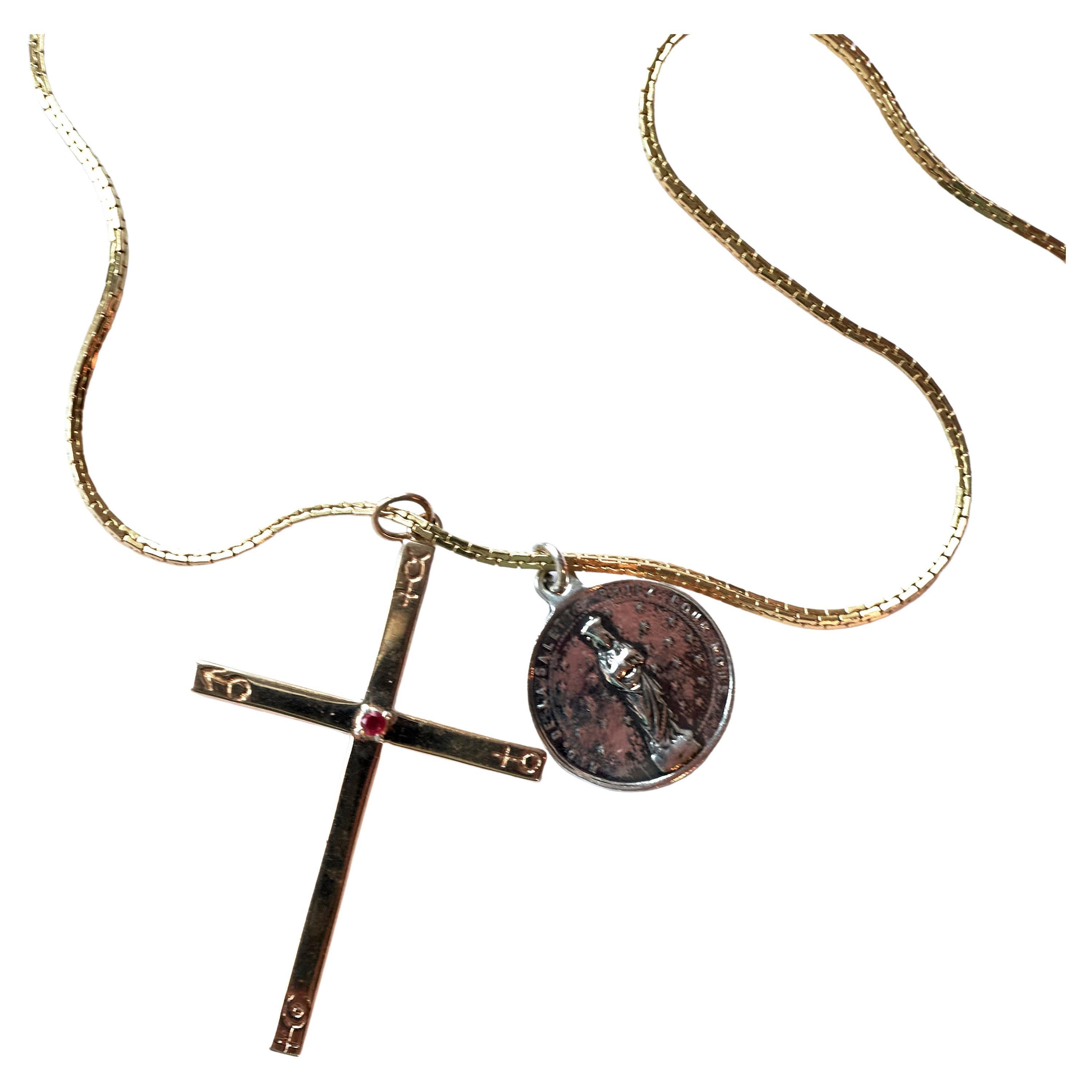Collier croix astrologique française en bronze avec médaille Saint en argent sterling et rubis