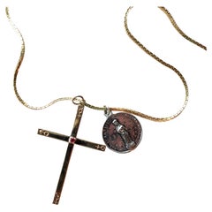 Collier croix astrologique française en bronze avec médaille Saint en argent sterling et rubis