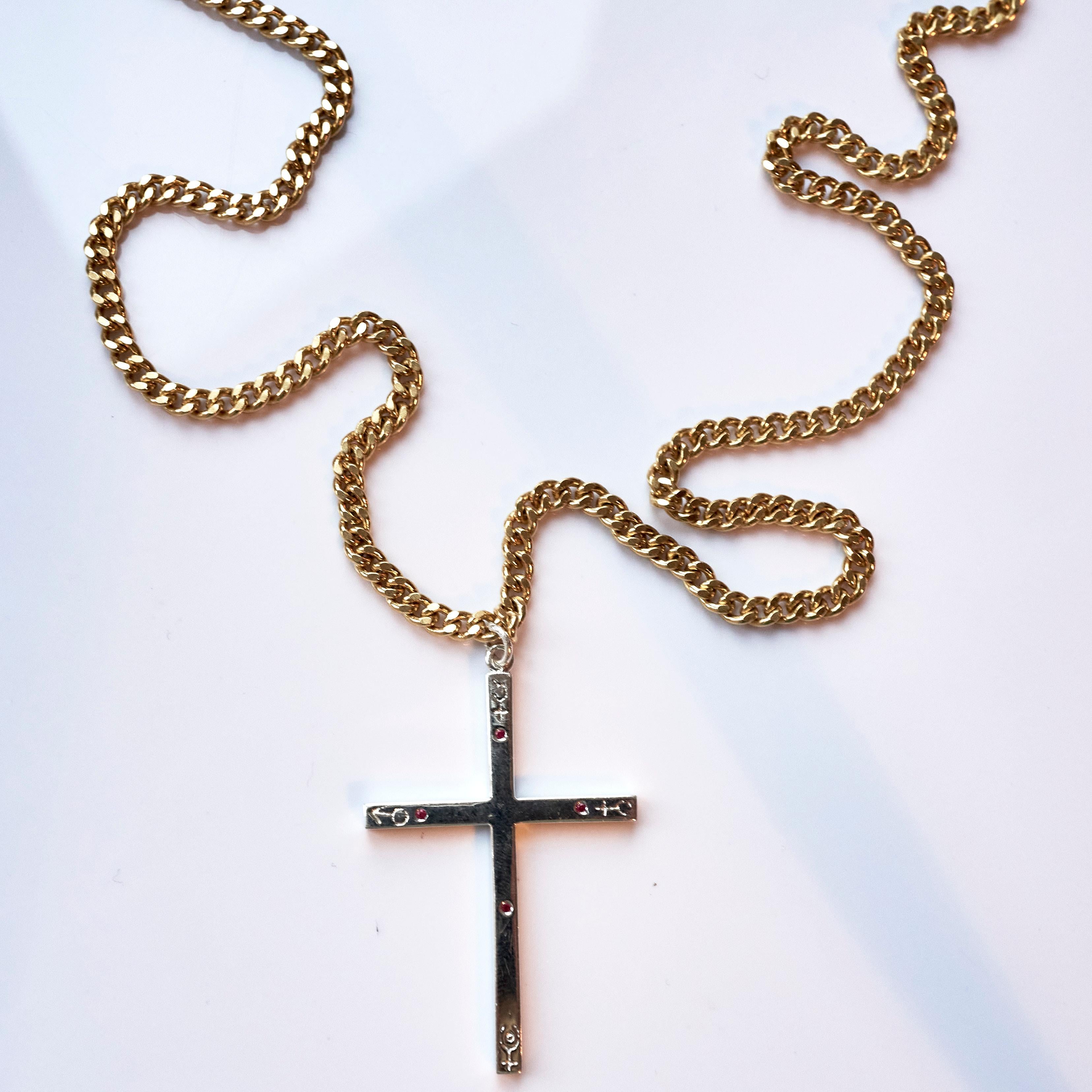 Ruby Cross Astrology Pluto Mercury Mars Venus Bronze Necklace J Dauphin In New Condition For Sale In Los Angeles, CA