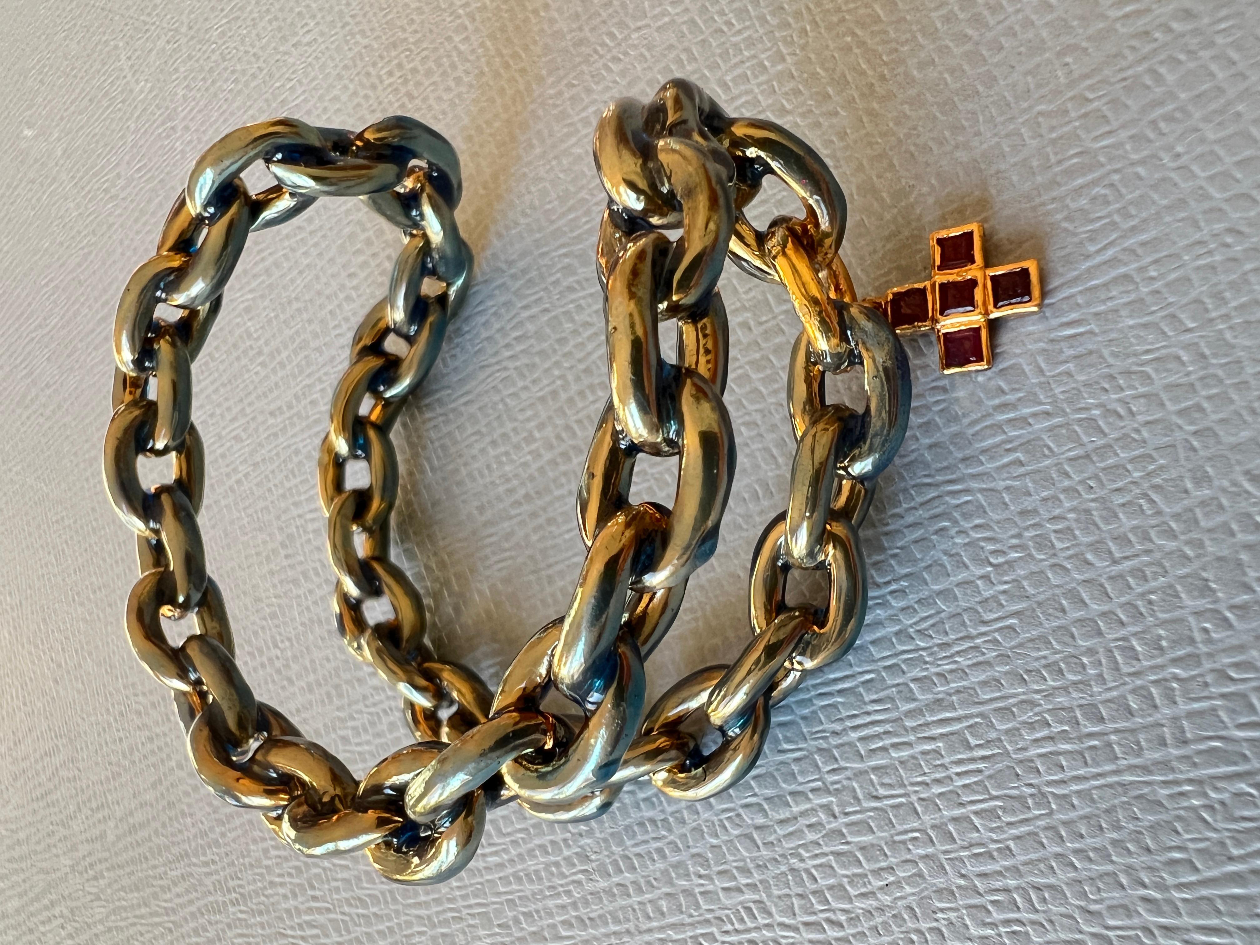 Ruby Cross Double Chain Statement Cuff Bangle Light Blue Enamel Gold Plate For Sale 4