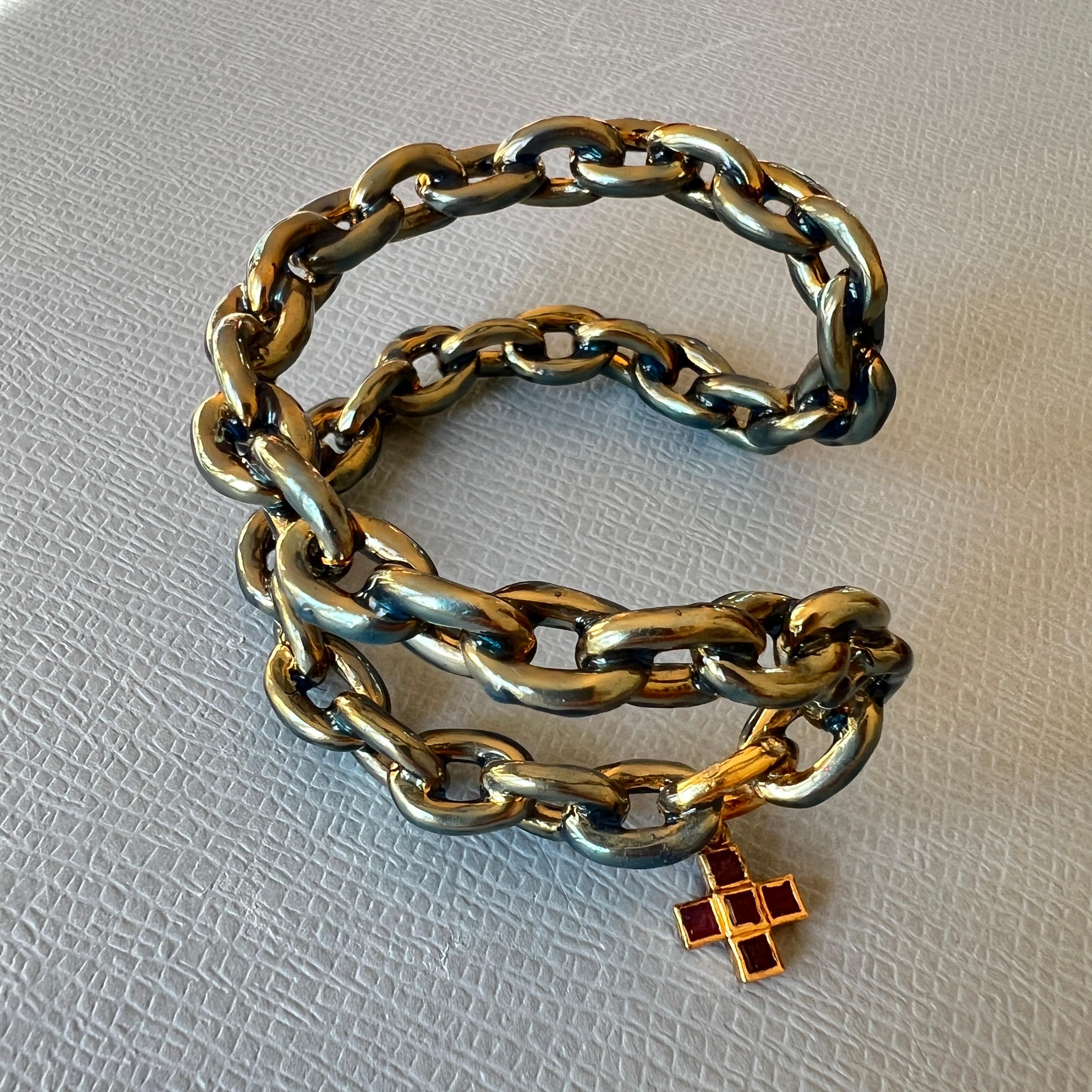 Ruby Cross Double Chain Statement Cuff Bangle Light Blue Enamel Gold Plate For Sale 5