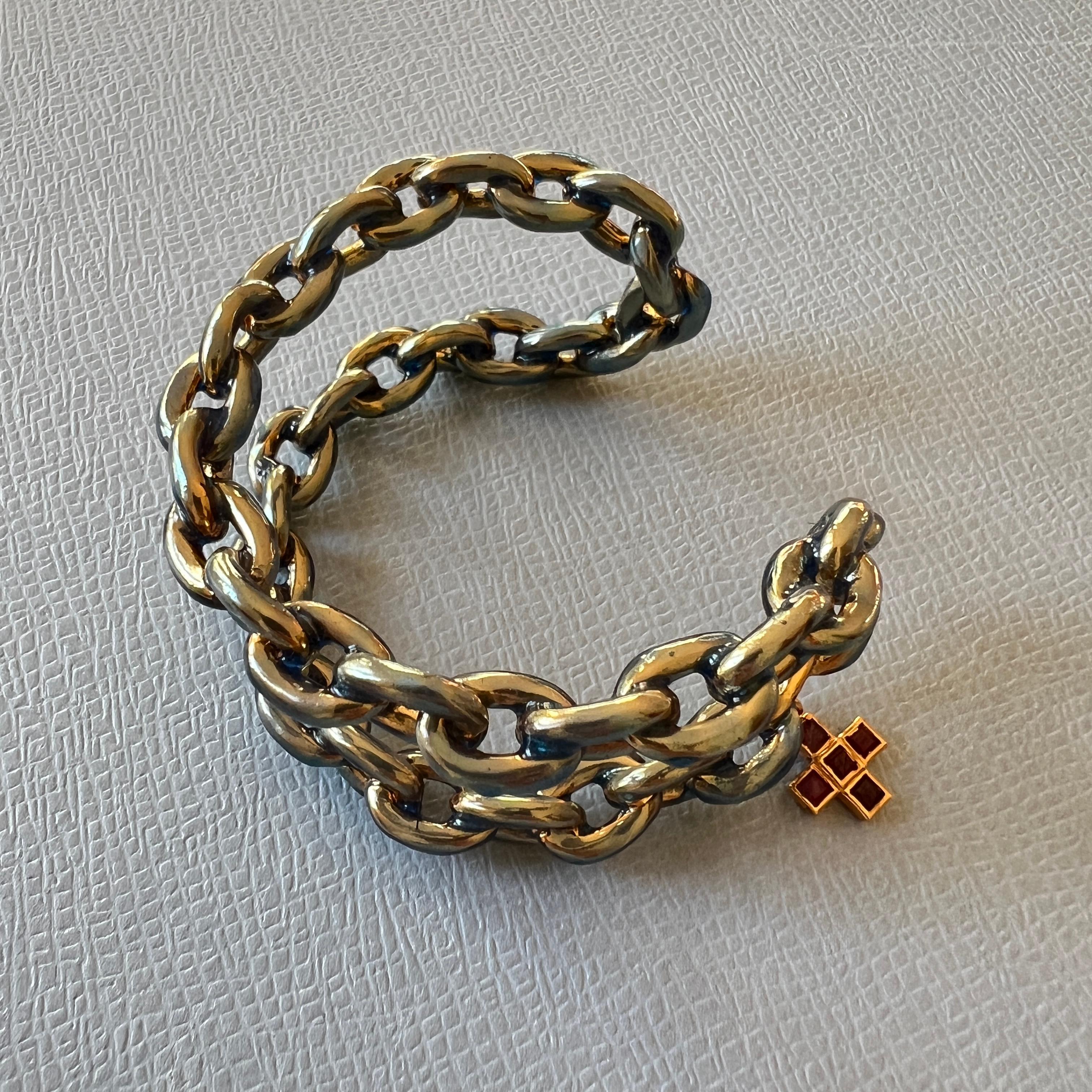 Brilliant Cut Ruby Cross Double Chain Statement Cuff Bangle Light Blue Enamel Gold Plate For Sale