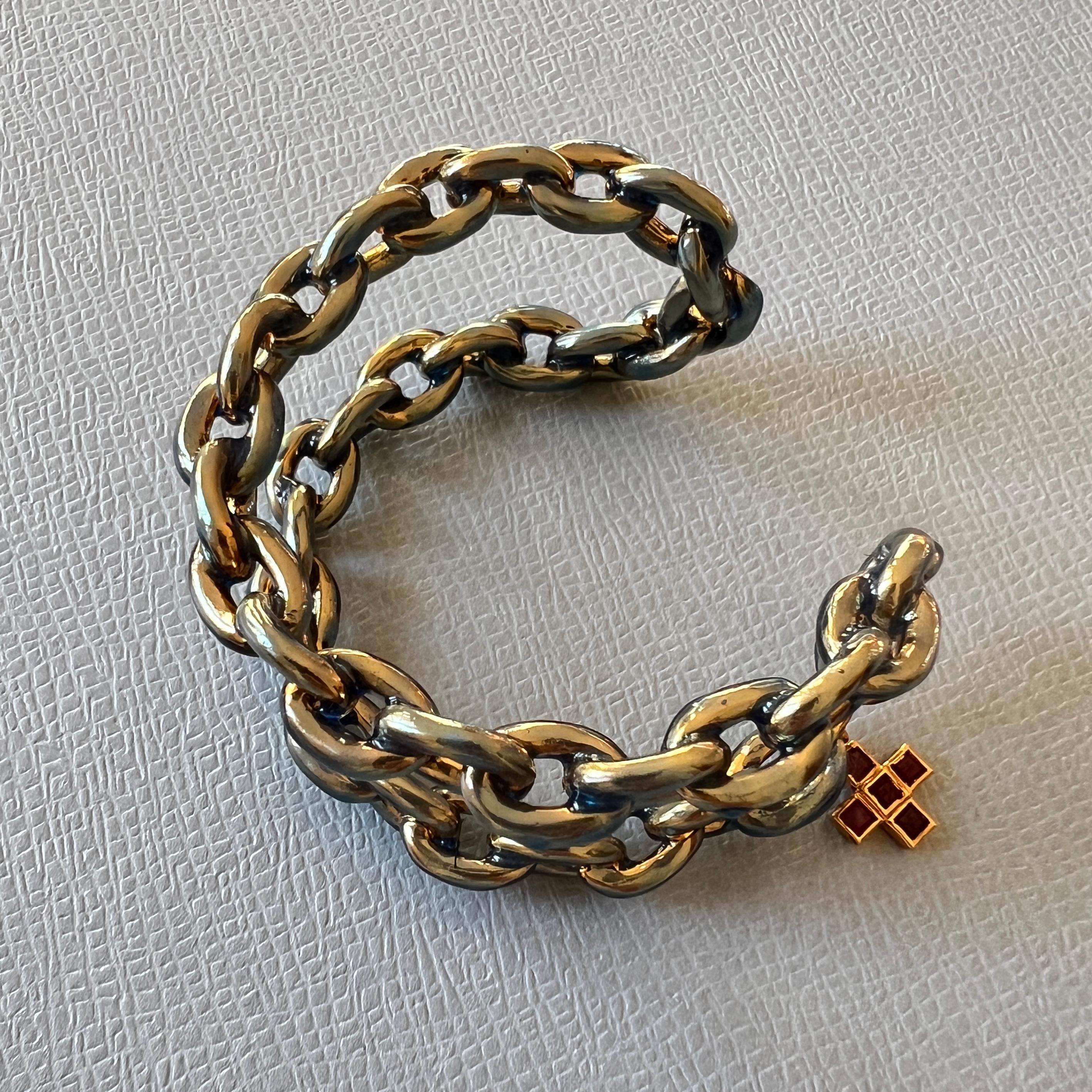 Ruby Cross Double Chain Statement Cuff Bangle Light Blue Enamel Gold Plate In New Condition For Sale In Los Angeles, CA
