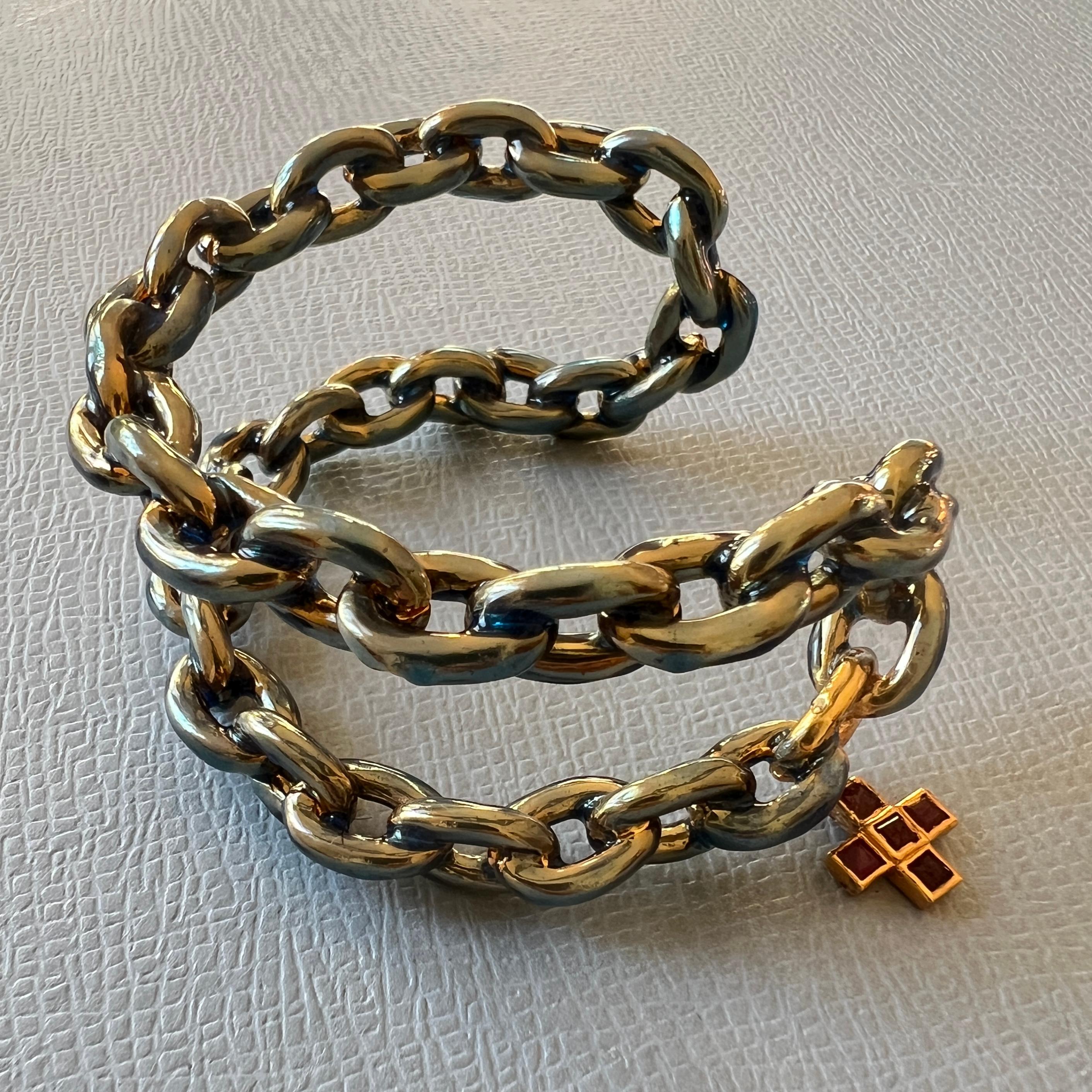 Women's Ruby Cross Double Chain Statement Cuff Bangle Light Blue Enamel Gold Plate For Sale
