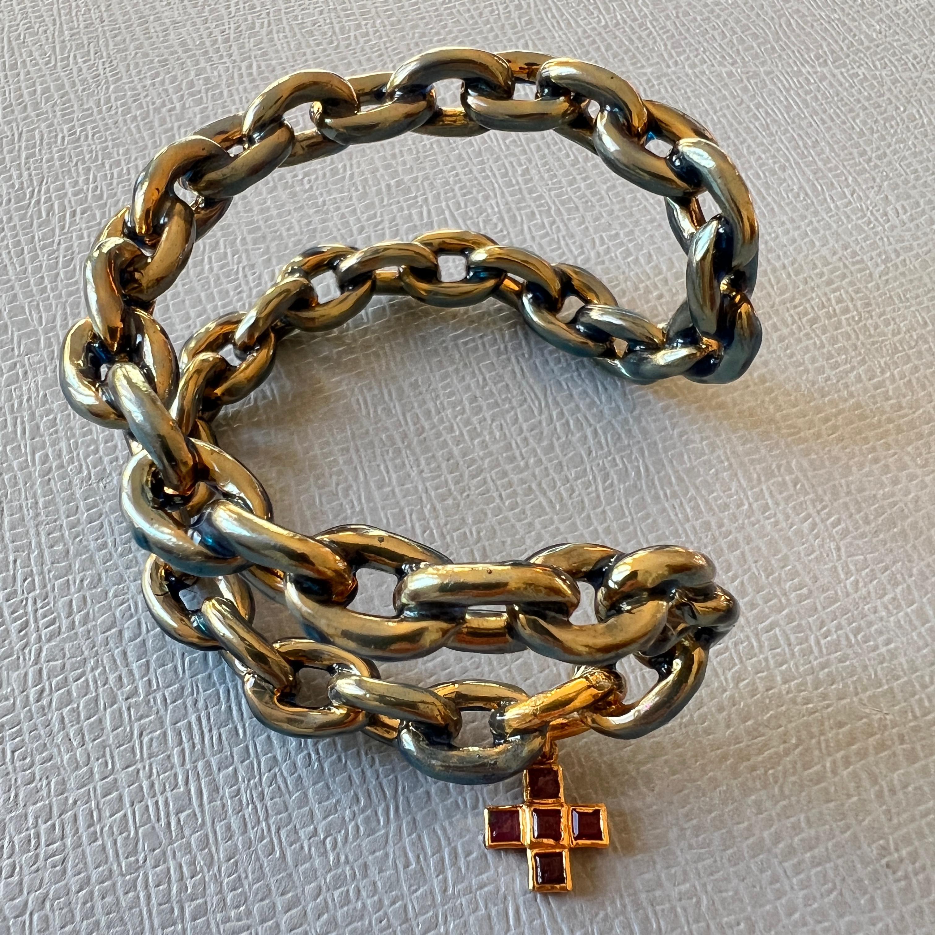 Ruby Cross Double Chain Statement Cuff Bangle Light Blue Enamel Gold Plate For Sale 2