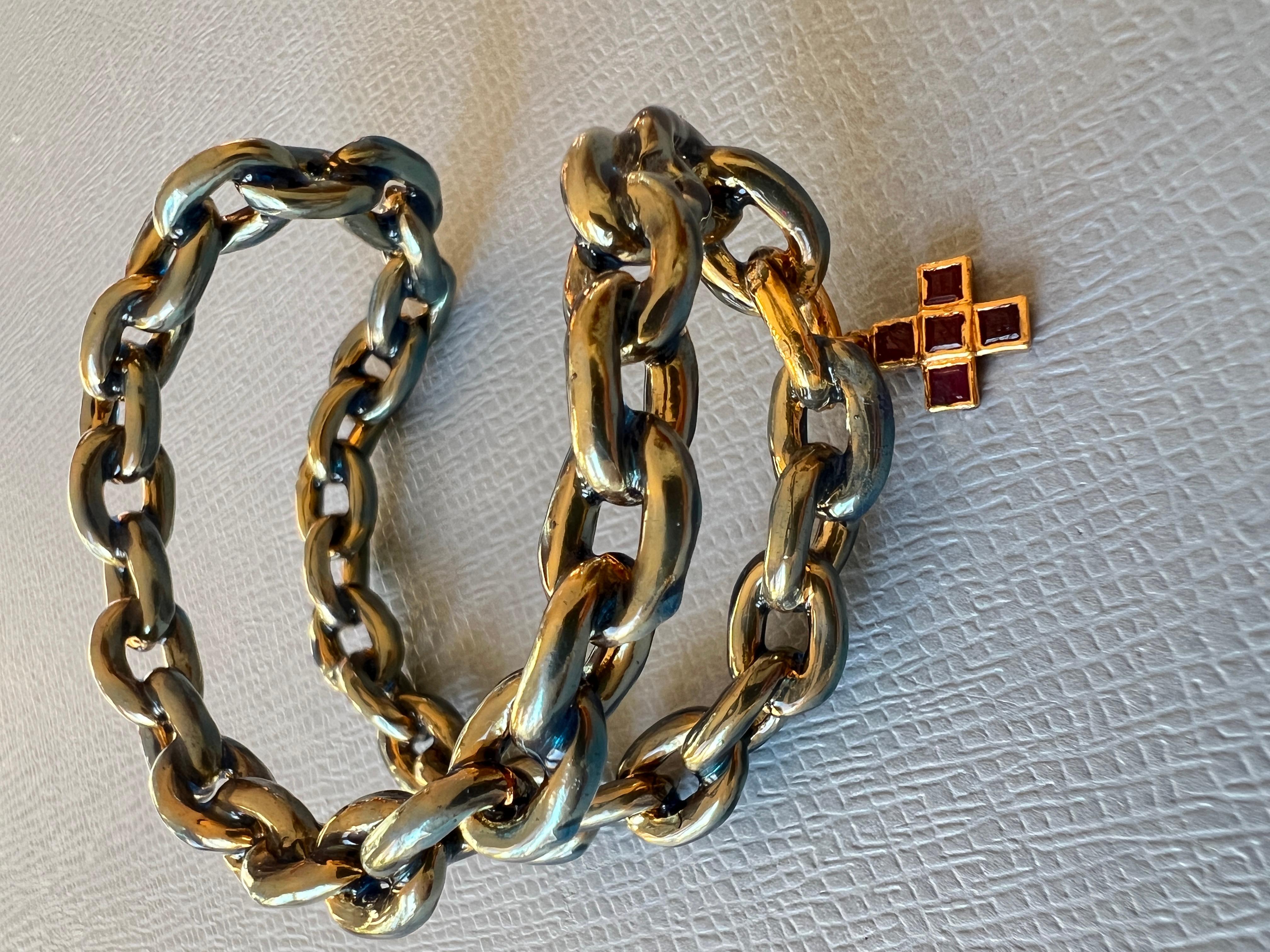 Ruby Cross Double Chain Statement Cuff Bangle Light Blue Enamel Gold Plate For Sale 3