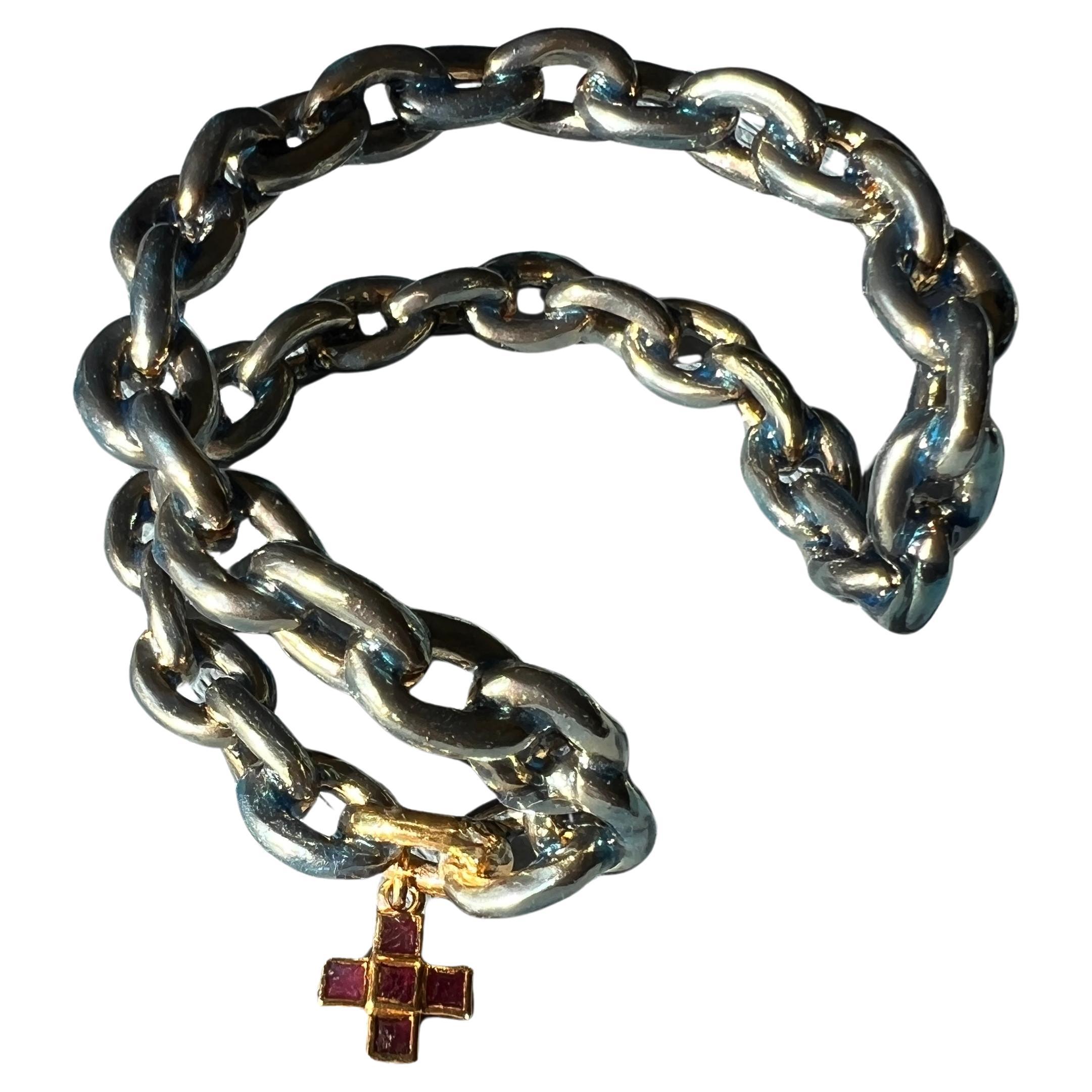 Ruby Cross Double Chain Statement Cuff Bangle Light Blue Enamel Gold Plate