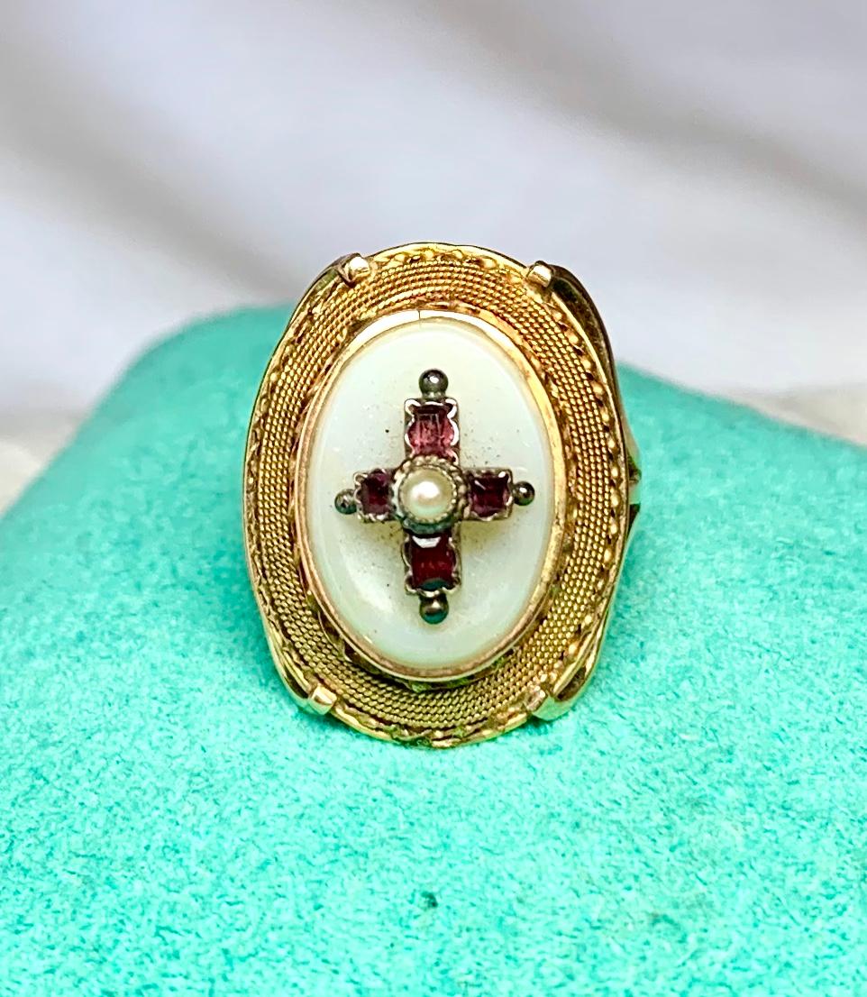 Emerald Cut Ruby Cross Etruscan Revival Ring Antique Victorian 14 Karat Gold Chalcedony