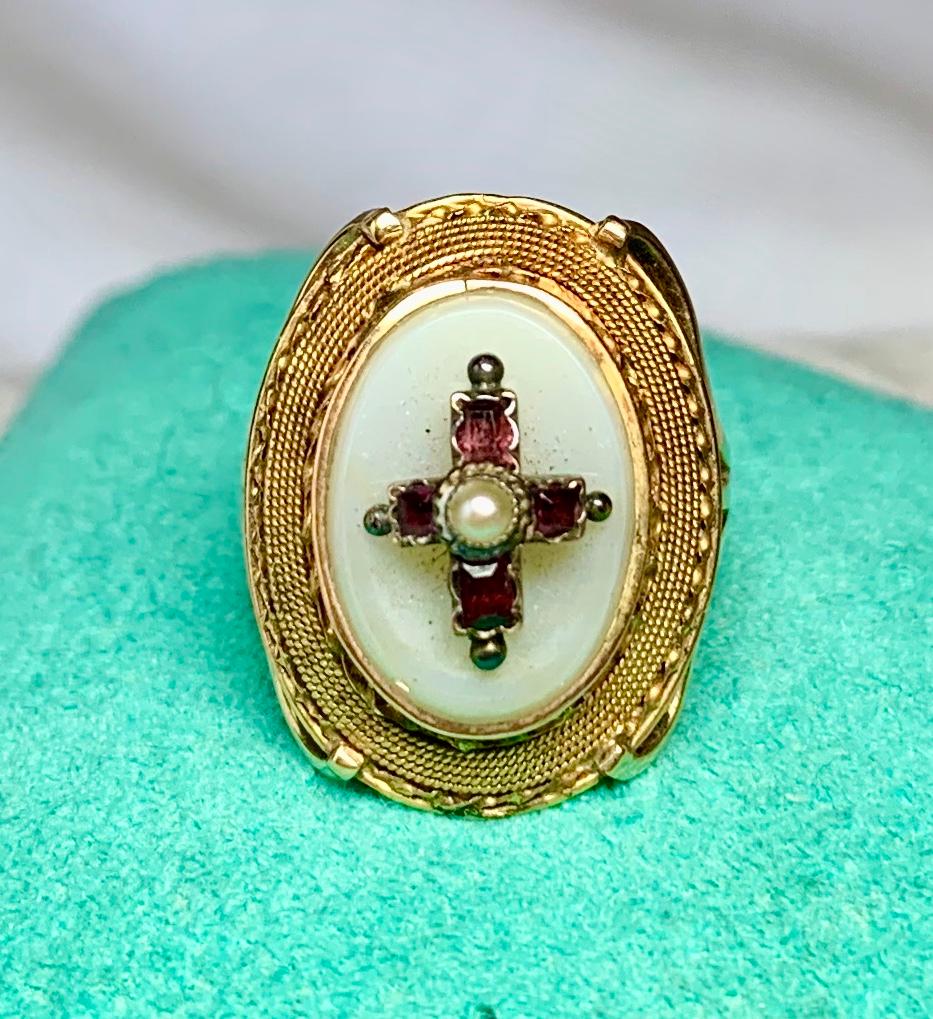 Women's Ruby Cross Etruscan Revival Ring Antique Victorian 14 Karat Gold Chalcedony