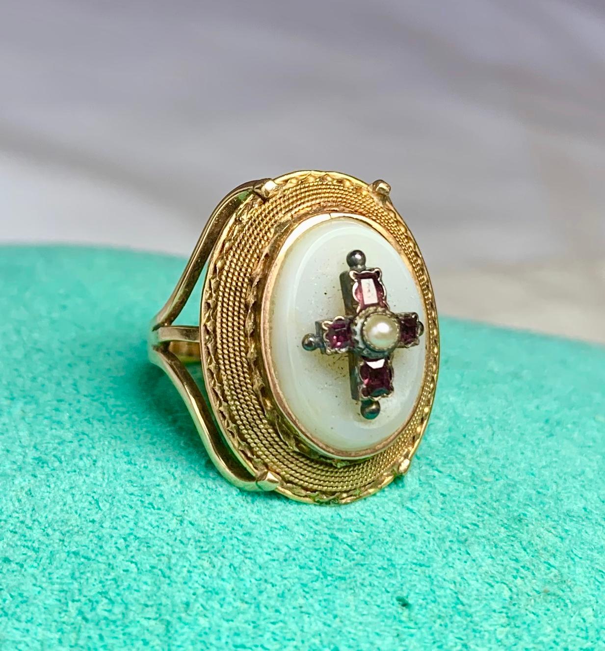 Ruby Cross Etruscan Revival Ring Antique Victorian 14 Karat Gold Chalcedony 1