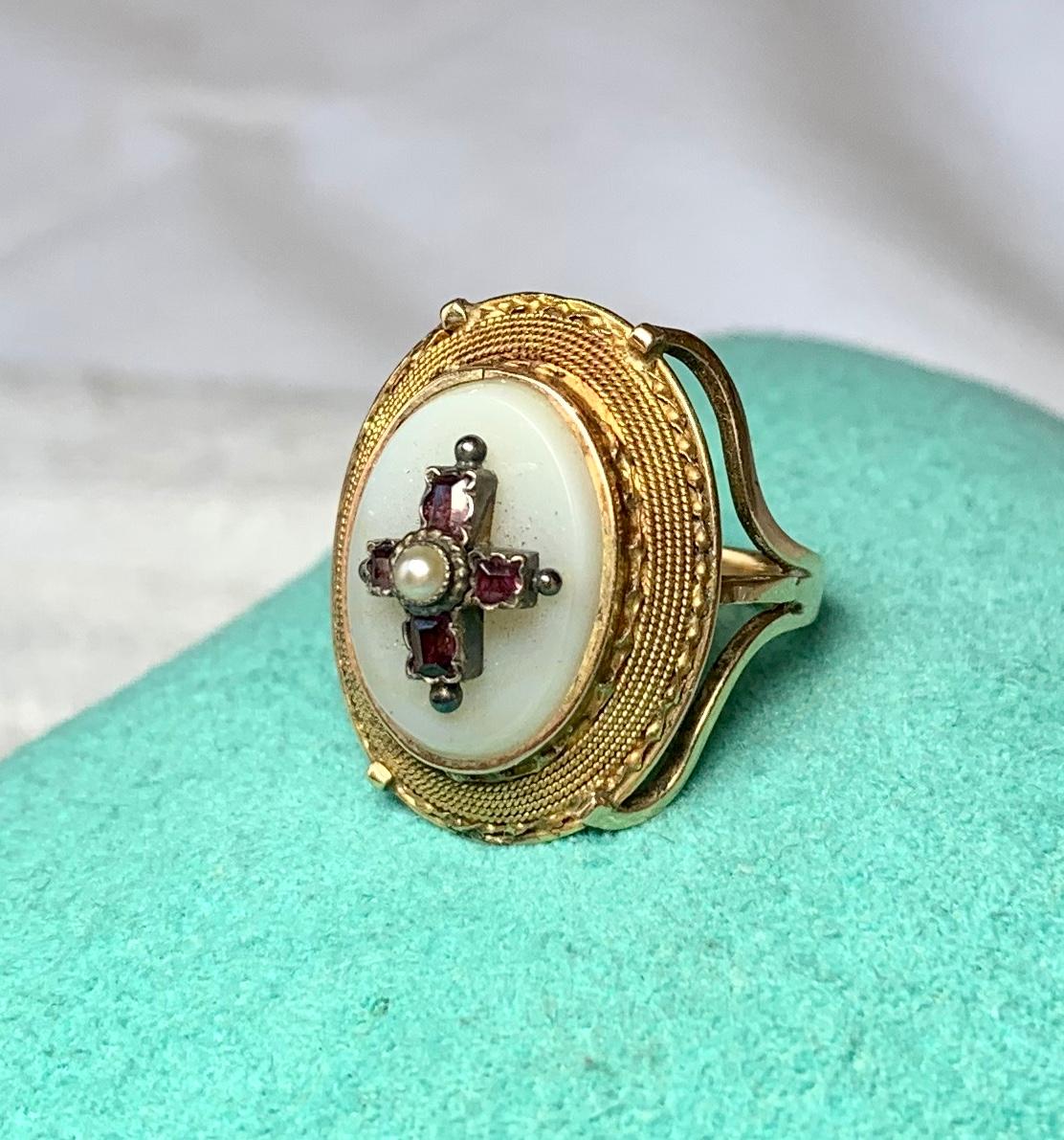 Ruby Cross Etruscan Revival Ring Antique Victorian 14 Karat Gold Chalcedony 2