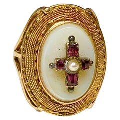 Ruby Cross Etruscan Revival Ring Antique Victorian 14 Karat Gold Chalcedony