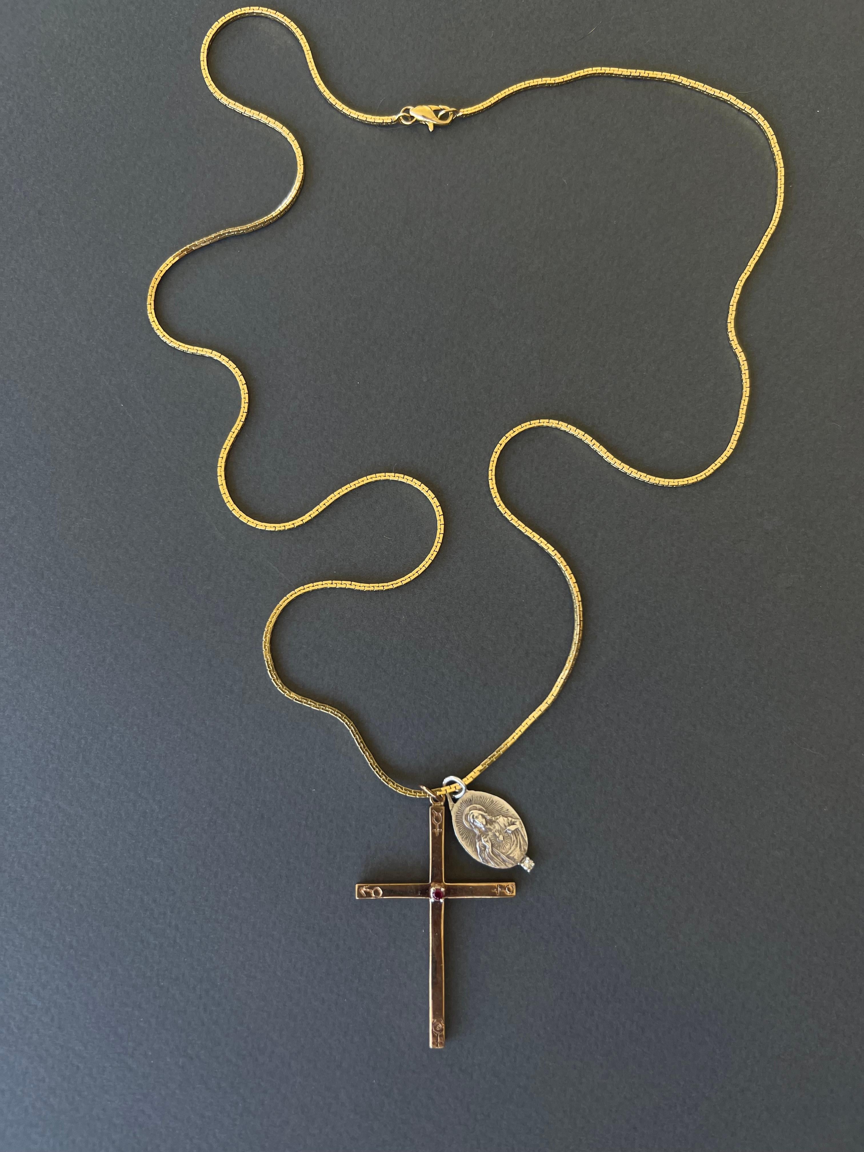 Women's or Men's Ruby Cross Necklace Engraved Astrology Symbols White Diamond Jesus Medal For Sale