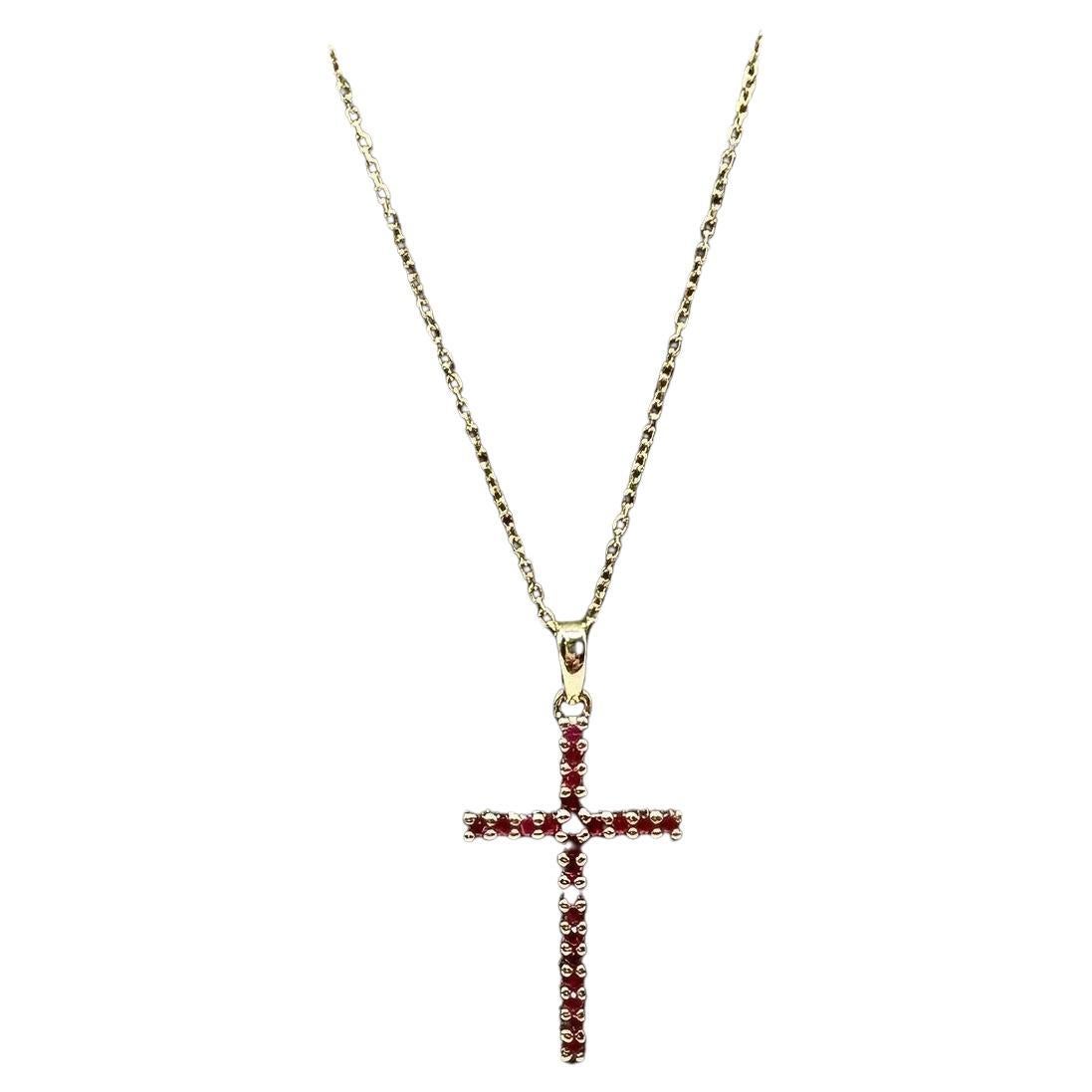 Ruby Cross Necklace in 14kt Yellow Gold – 0.20ctw, 18in, New
