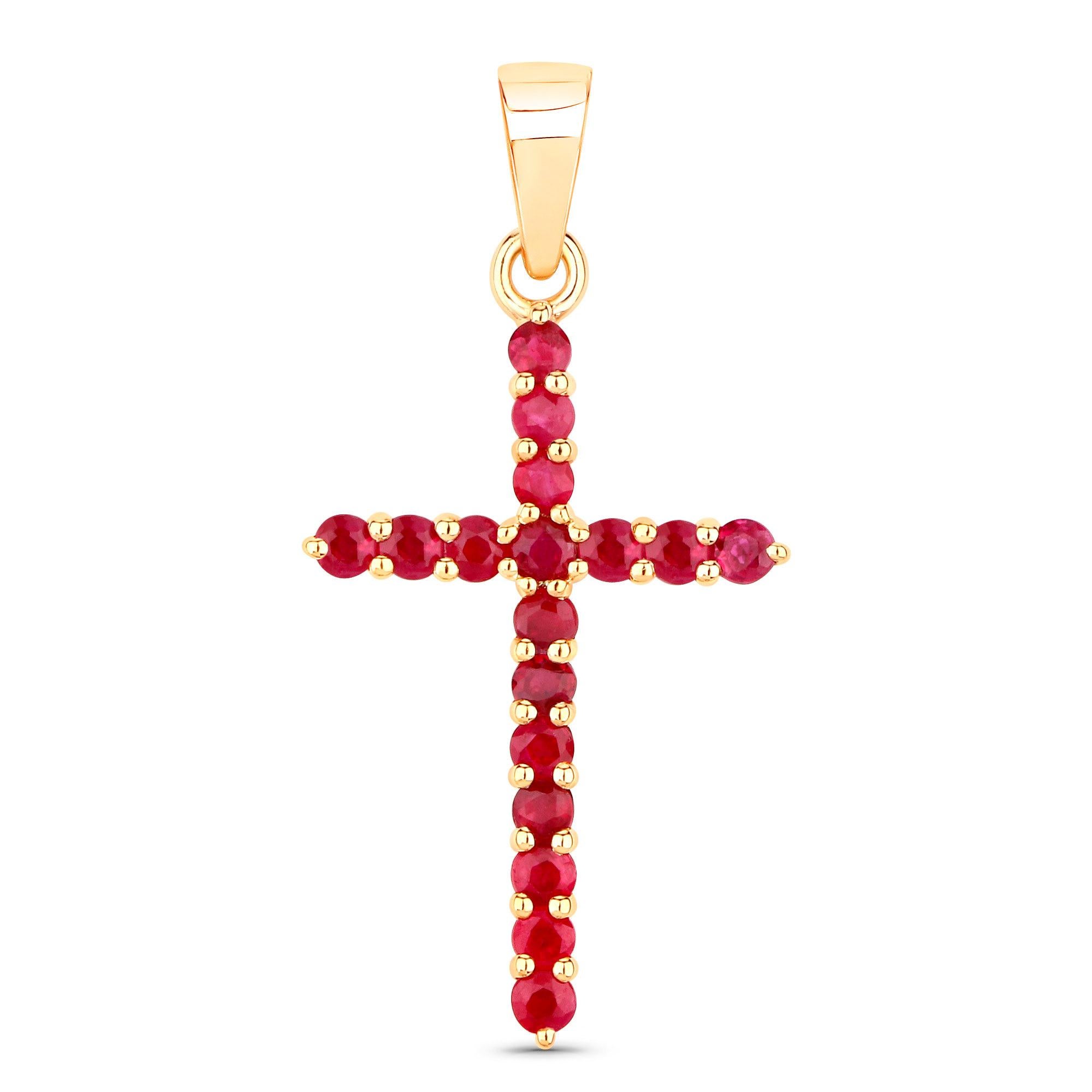 Round Cut Ruby Cross Pendant Necklace 14K Yellow Gold For Sale