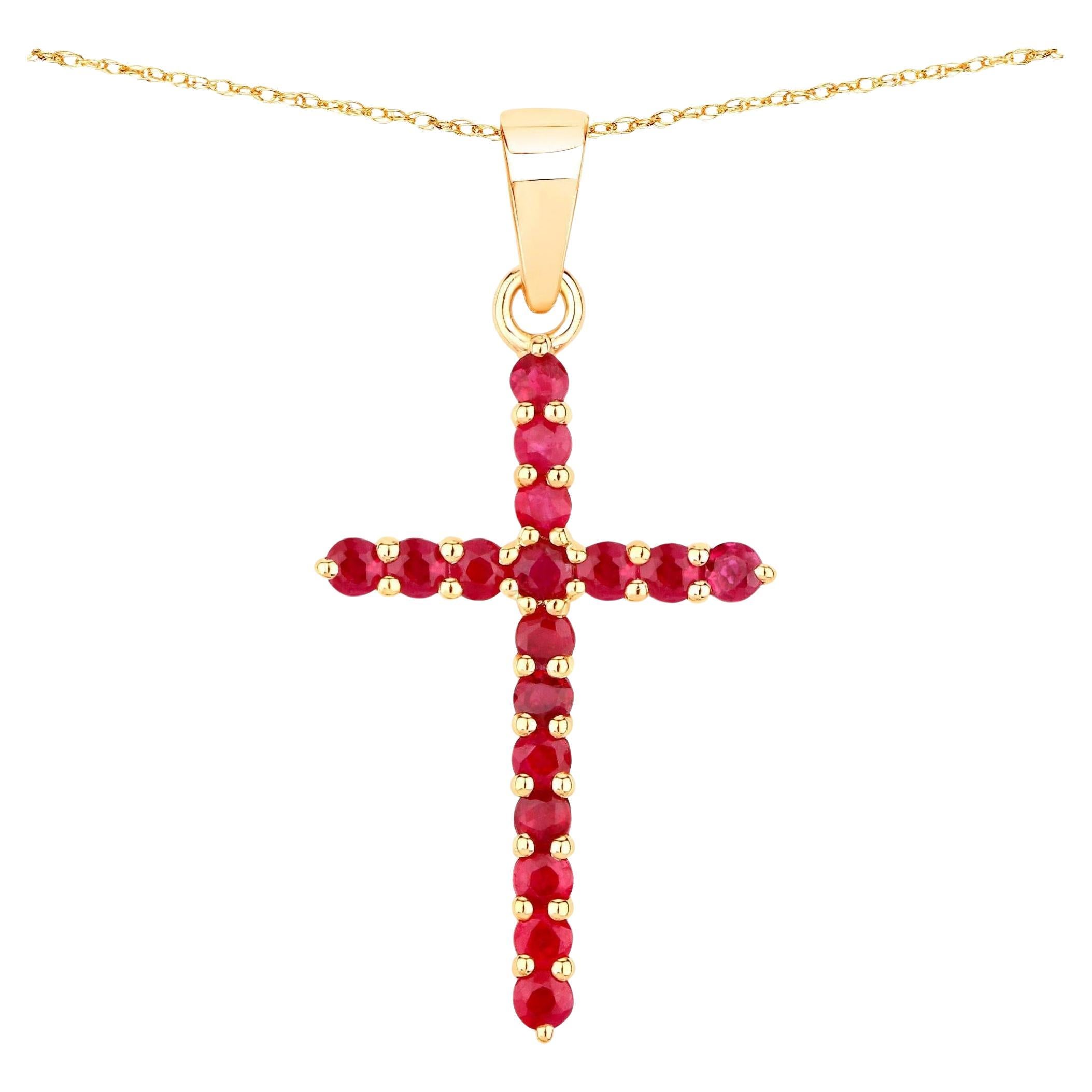 Ruby Cross Pendant Necklace 14K Yellow Gold For Sale