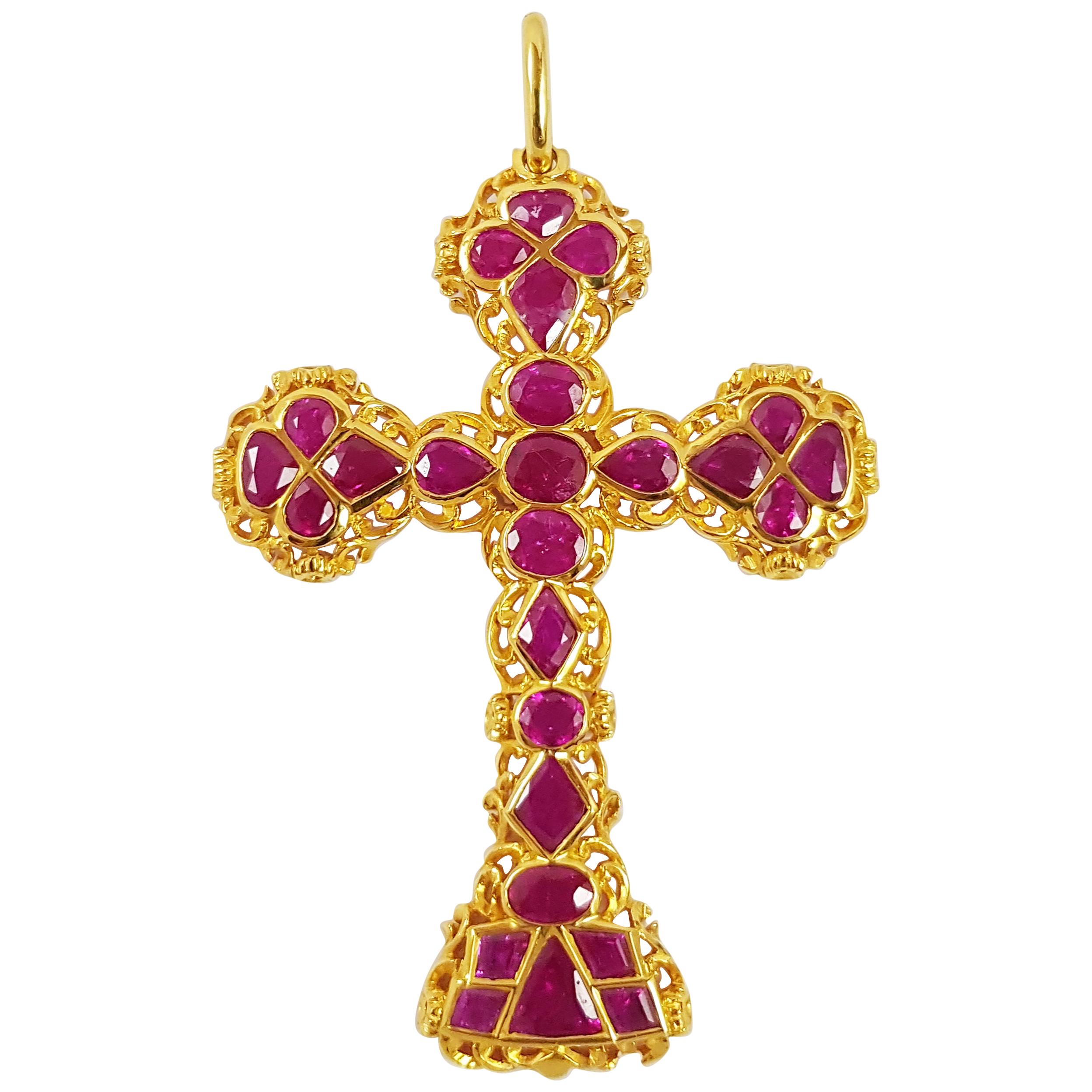 Ruby Cross Pendant Set in 18 Karat Gold Settings For Sale