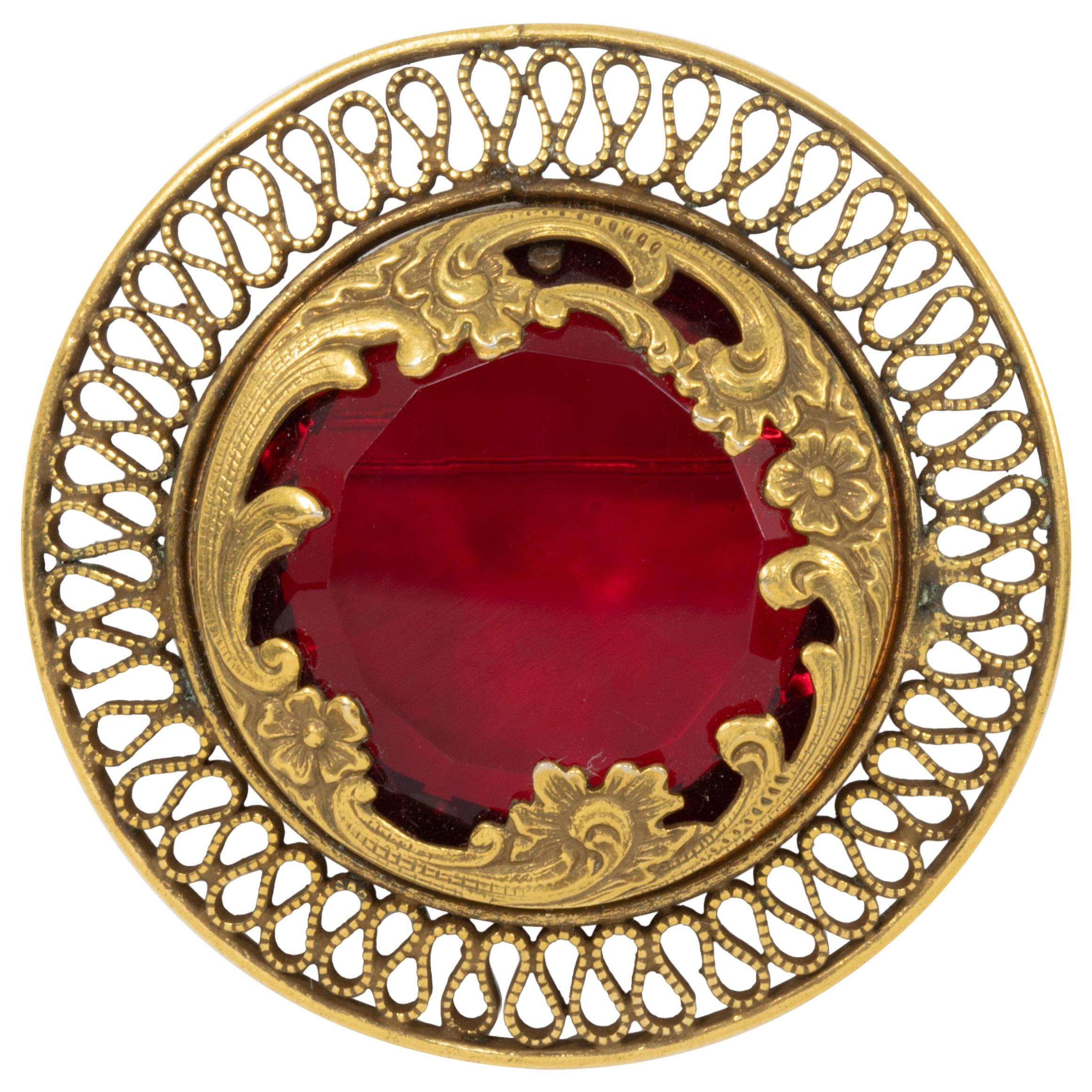 Ruby Crystal Art Nouveau Style Pin Brooch in Gold, Open Back Setting in Gold