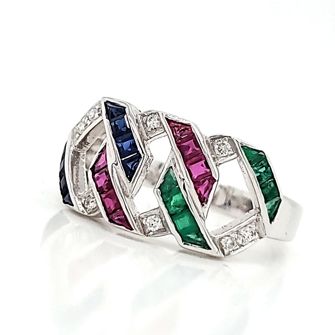 Imagine a fiery 0.86-carat ruby, its passionate red heart accompanied by the verdant glow of a 0.43-carat emerald and the celestial blue of 0.55-carat sapphires on your ring.  

In addition, a sparkling 0.19 cts of diamonds adds a touch of timeless