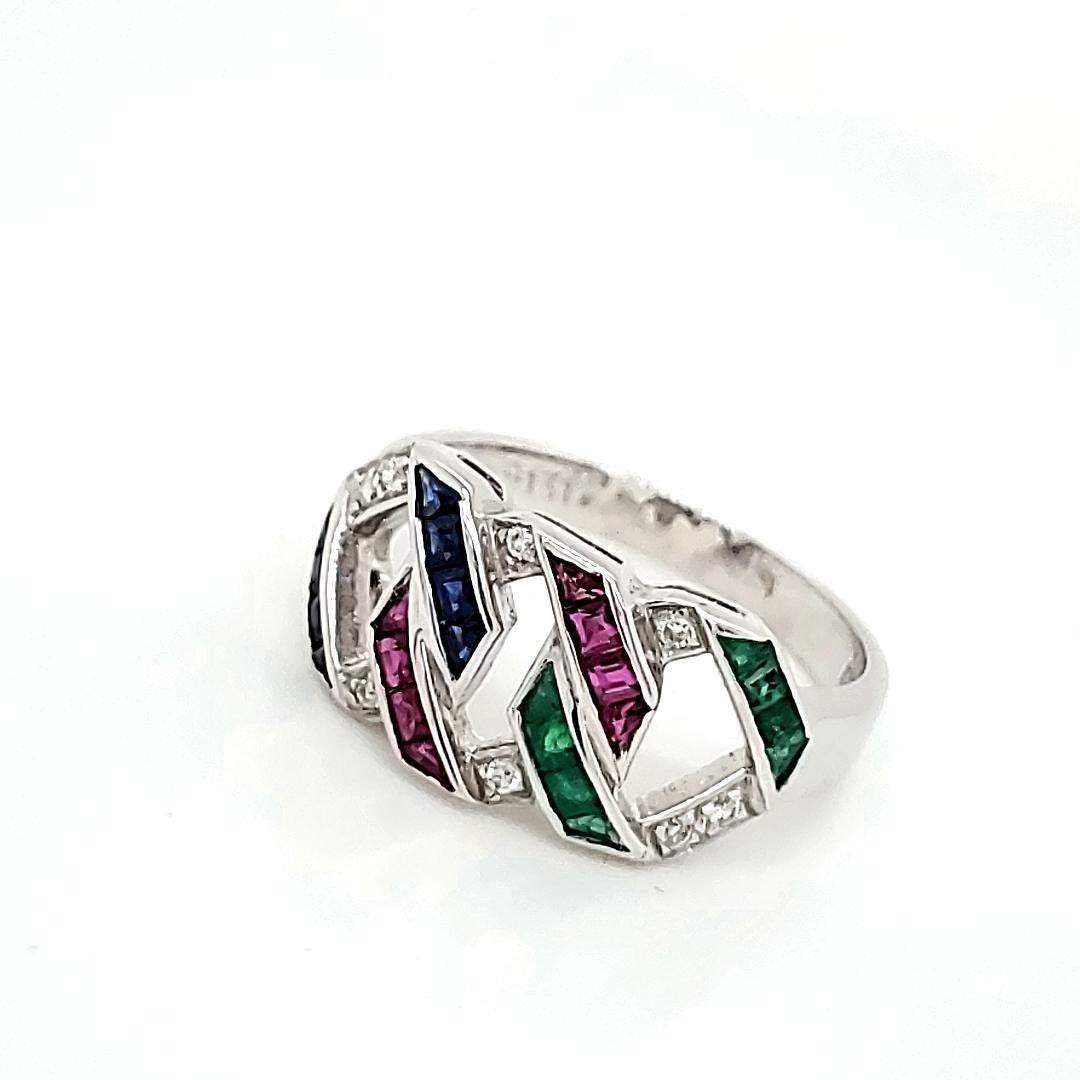 Contemporary Ruby Cts 0.86 and Emerald Cts 0.43 and Sapphire Cts 0.55 Diamond Engagement Ring For Sale