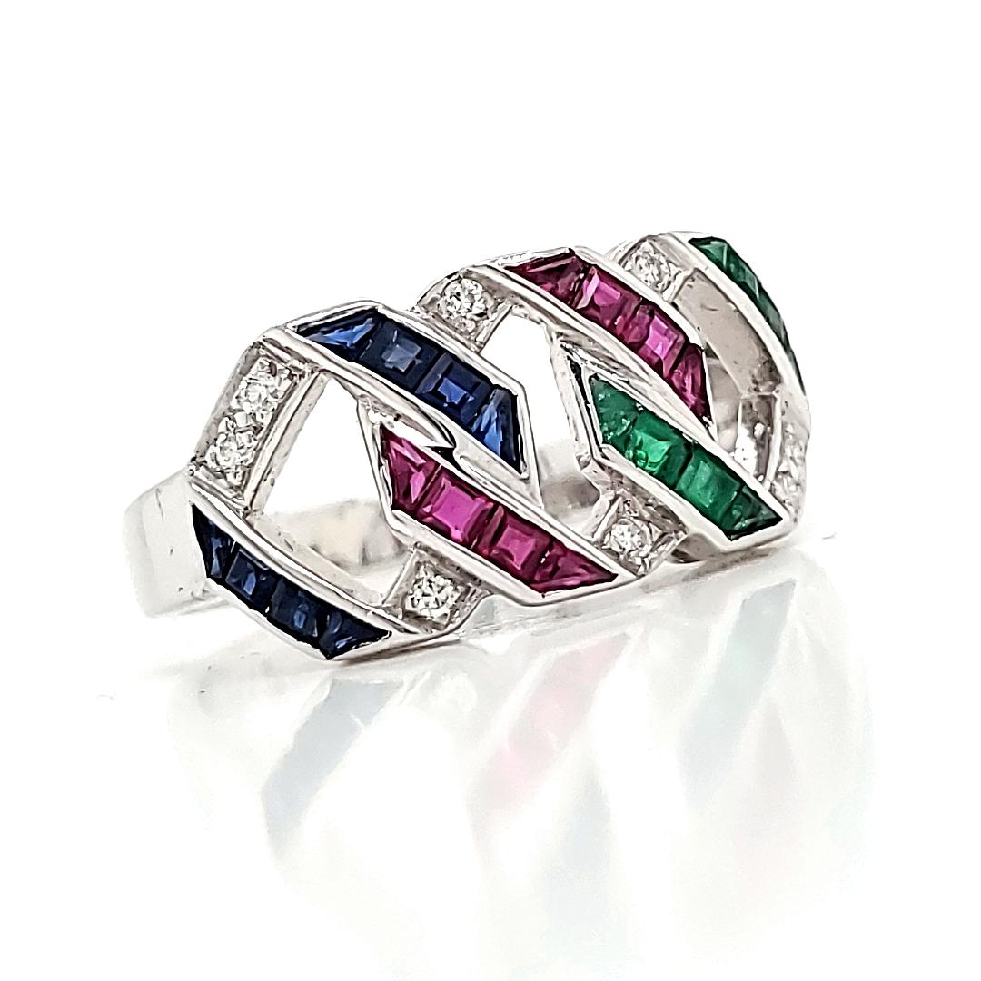Round Cut Ruby Cts 0.86 and Emerald Cts 0.43 and Sapphire Cts 0.55 Diamond Engagement Ring For Sale