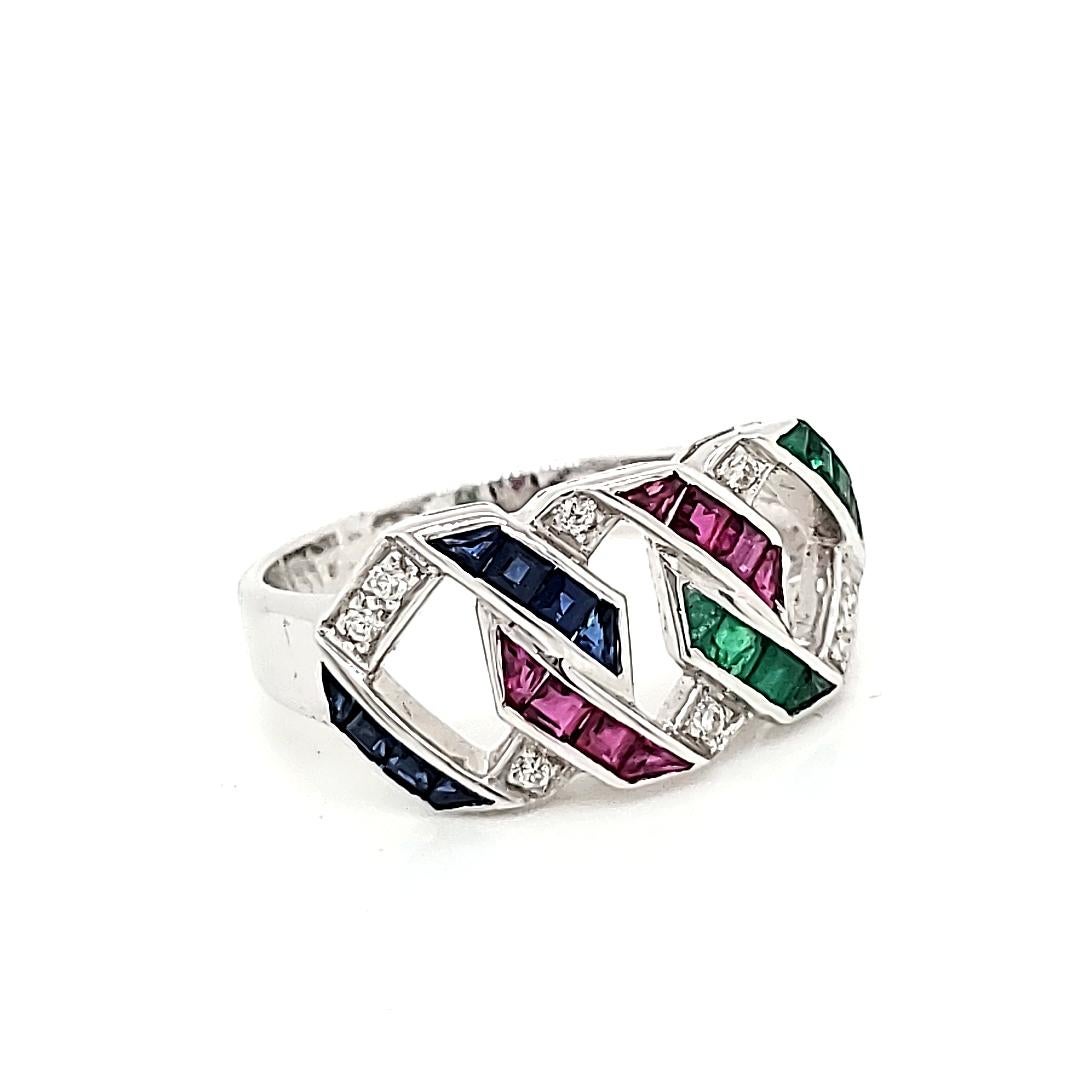 Ruby Cts 0.86 and Emerald Cts 0.43 and Sapphire Cts 0.55 Diamond Engagement Ring In New Condition For Sale In Hong Kong, HK