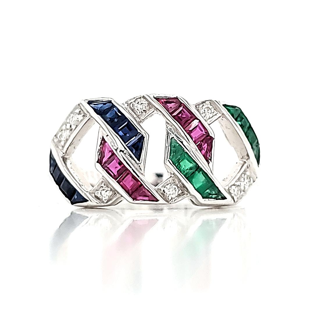 Women's Ruby Cts 0.86 and Emerald Cts 0.43 and Sapphire Cts 0.55 Diamond Engagement Ring For Sale