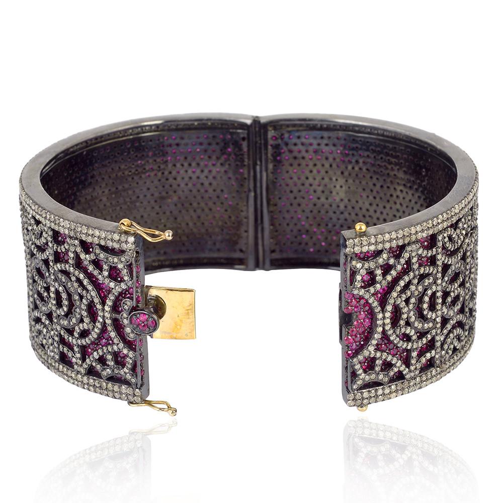 Art Nouveau Bracciale con rubino e pavé di diamanti in oro e argento 14 ct. in vendita