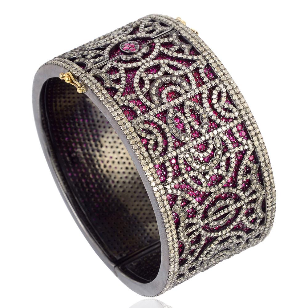 Art Nouveau Ruby Cuff Bracelet with Pave Diamond Design Made in 14k Gold & Silver For Sale