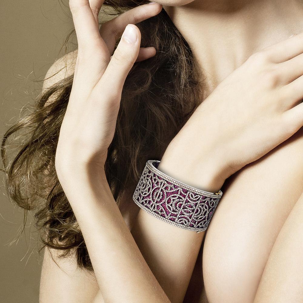 Mixed Cut Ruby Cuff Bracelet with Pave Diamond Design Made in 14k Gold & Silver For Sale