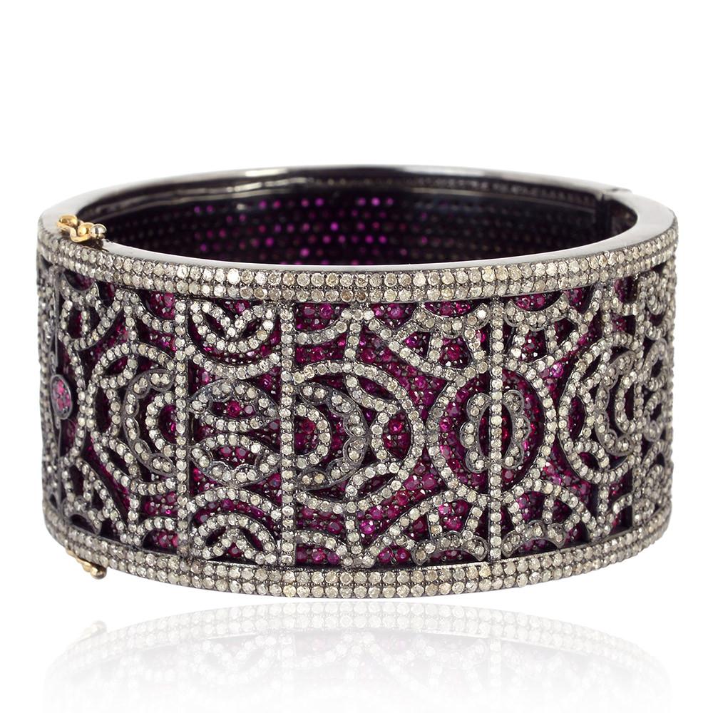 Ruby Cuff Bracelet with Pave Diamond Design Made in 14k Gold & Silver In New Condition For Sale In New York, NY