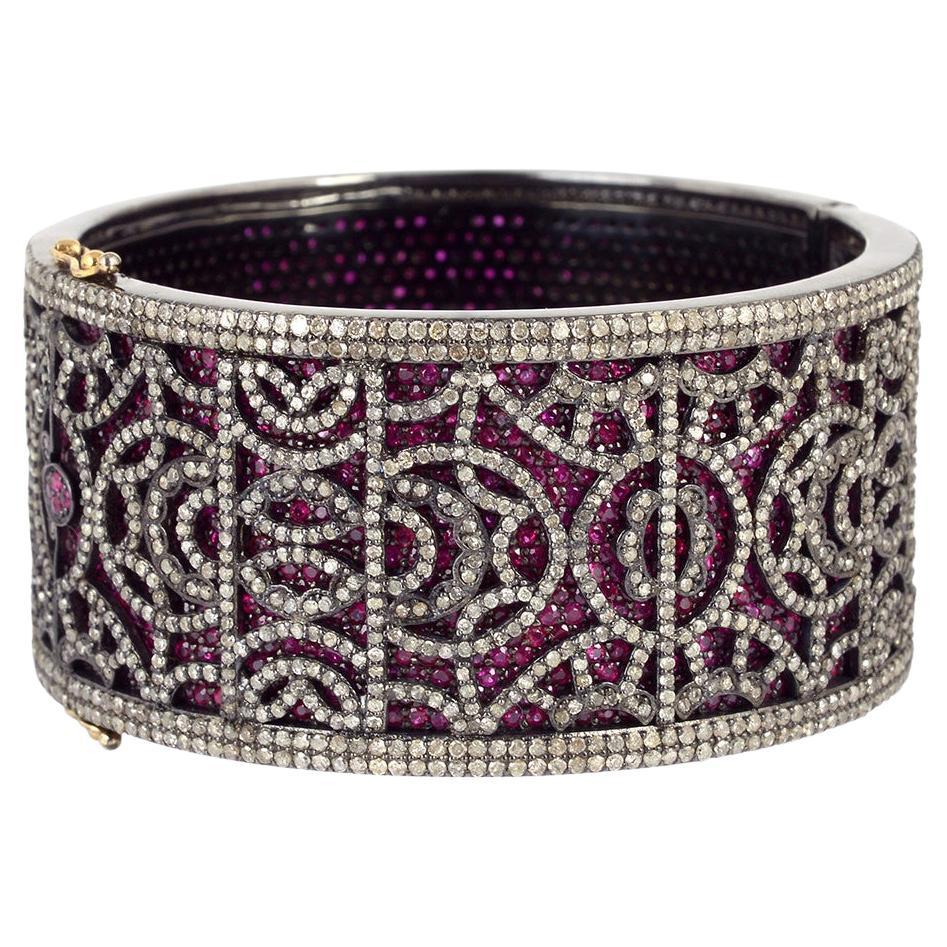 Ruby Cuff Bracelet with Pave Diamond Design Made in 14k Gold & Silver For Sale