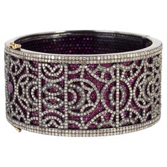 Ruby Cuff Bracelet with Pave Diamond Design Made in 14k Gold & Silver