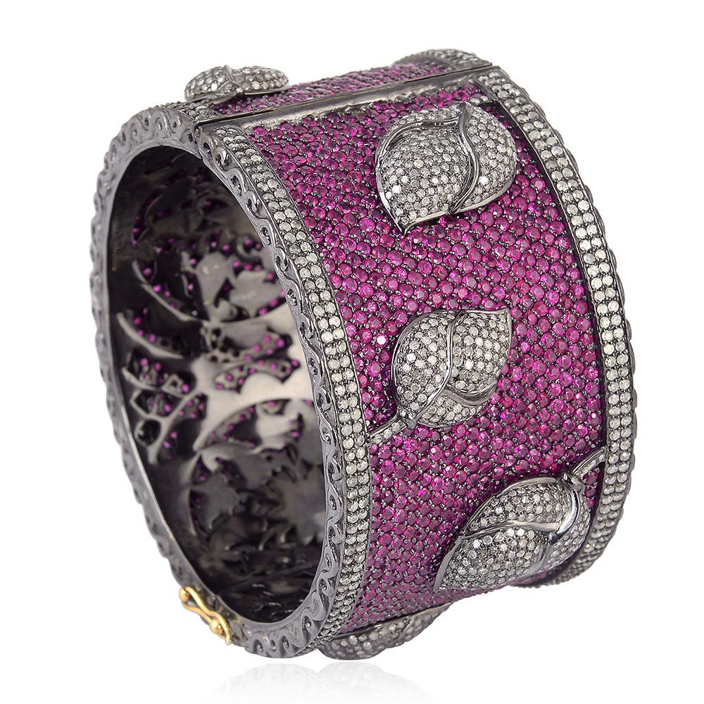 Art Nouveau Ruby Cuff with Pave Diamond Setting in Flower Design Made in 18k Gold & Silver For Sale