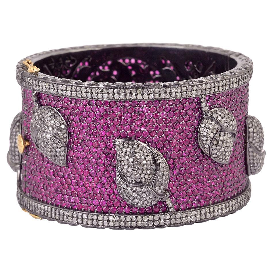 Ruby Cuff with Pave Diamond Setting in Flower Design Made in 18k Gold & Silver For Sale