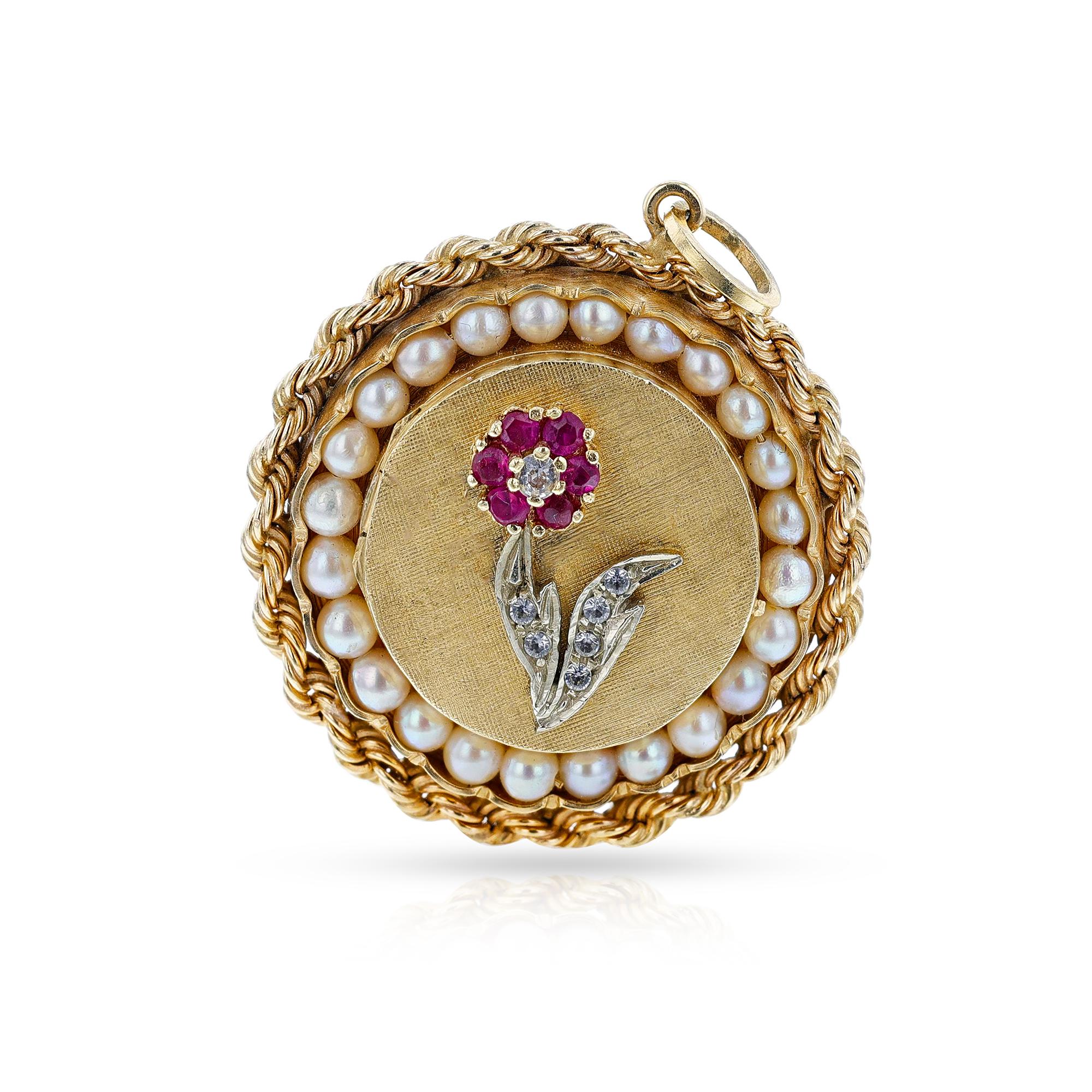This sophisticated pendant and locket, crafted in 14k yellow gold with a total weight of 23.60 grams, comes with a statement ruby, cultured pearl, and diamond accents. This timeless piece measures 4MM and is sure to be an eye-catching addition to