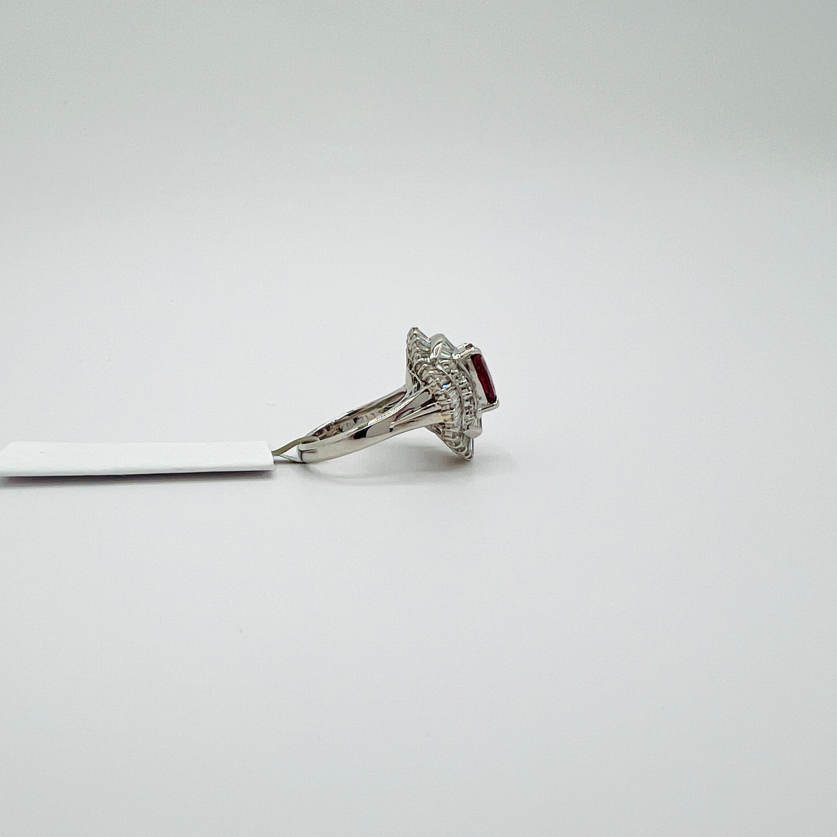Ruby Cushion and White Diamond Ring in Platinum In New Condition For Sale In Los Angeles, CA