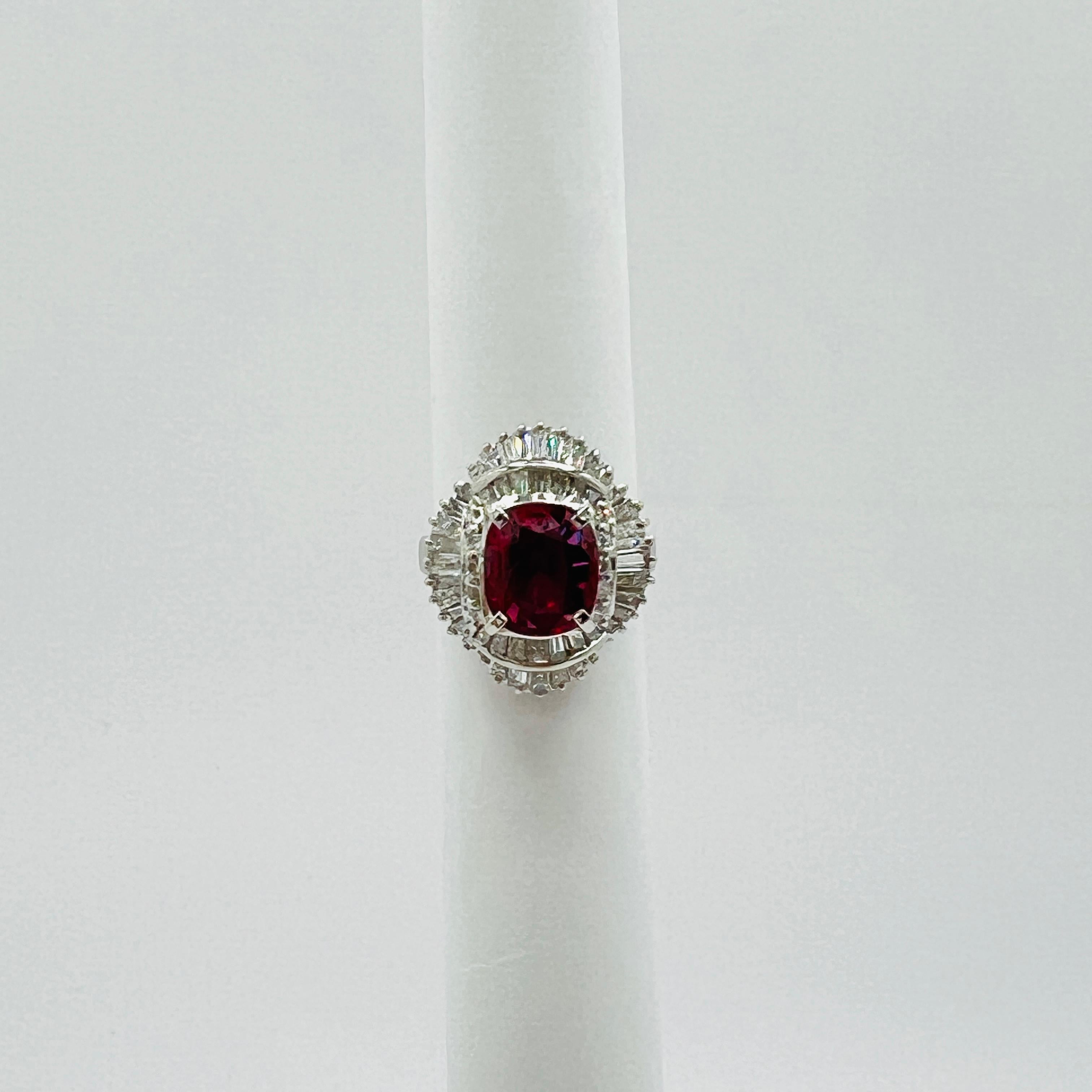 Ruby Cushion and White Diamond Ring in Platinum For Sale 2