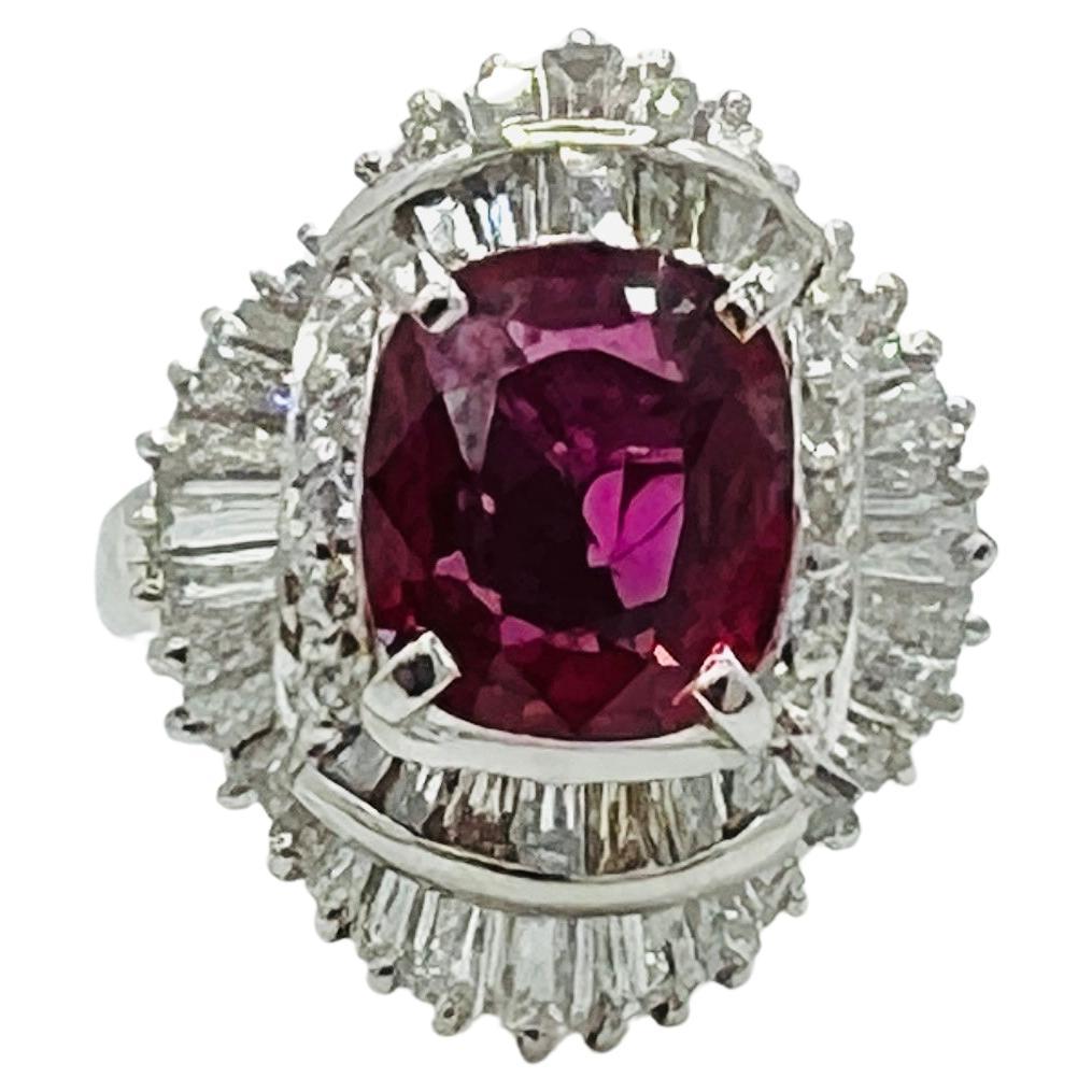 Ruby Cushion and White Diamond Ring in Platinum For Sale