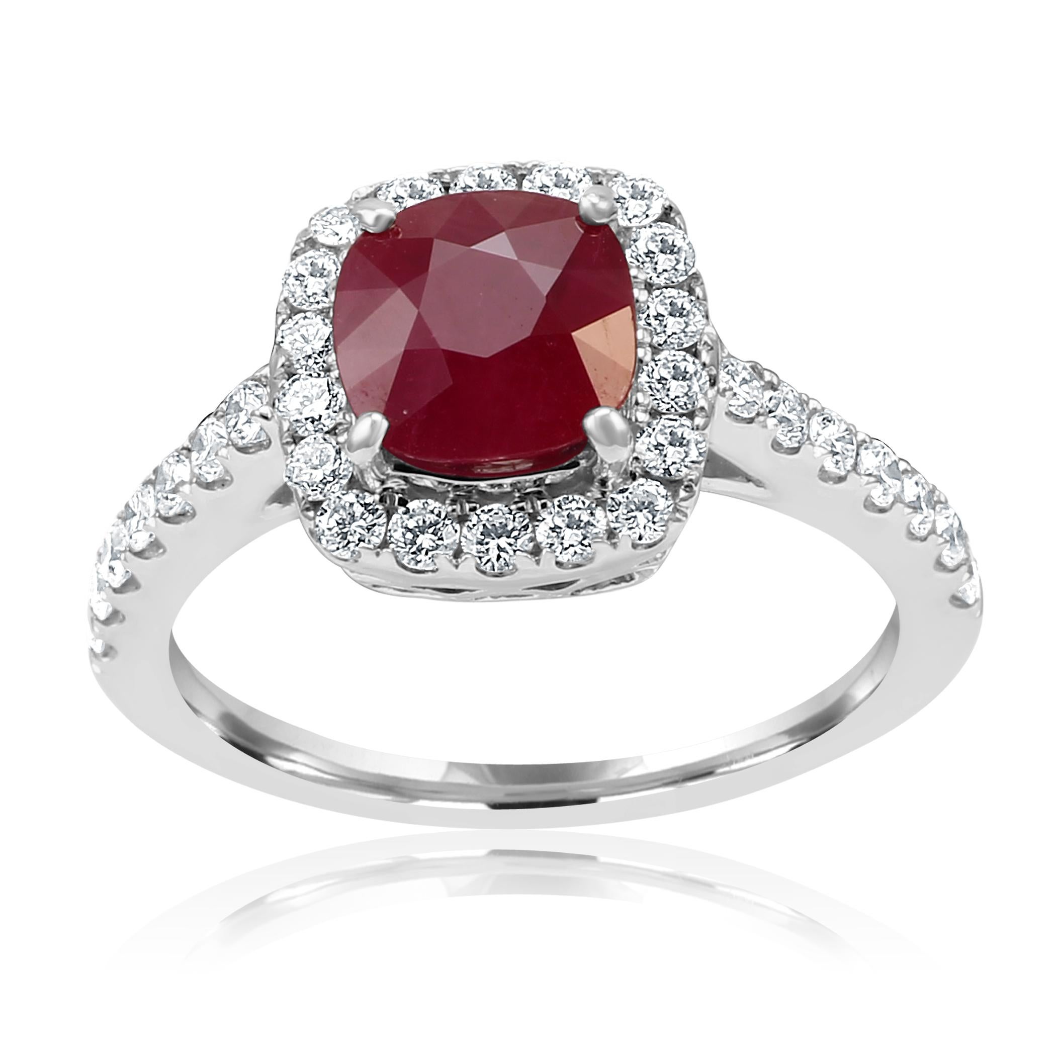 Gorgeous Ruby Cushion 1.66 Carat Encircled in Single Halo of White G-H Color VS-SI Clarity Round Diamonds 0.65 Carat in stunning 14K White Gold Engagement Bridal Fashion Ring. Total Weight 2.31 Carat.

MADE IN USA
Center Ruby Cushion 1.66
