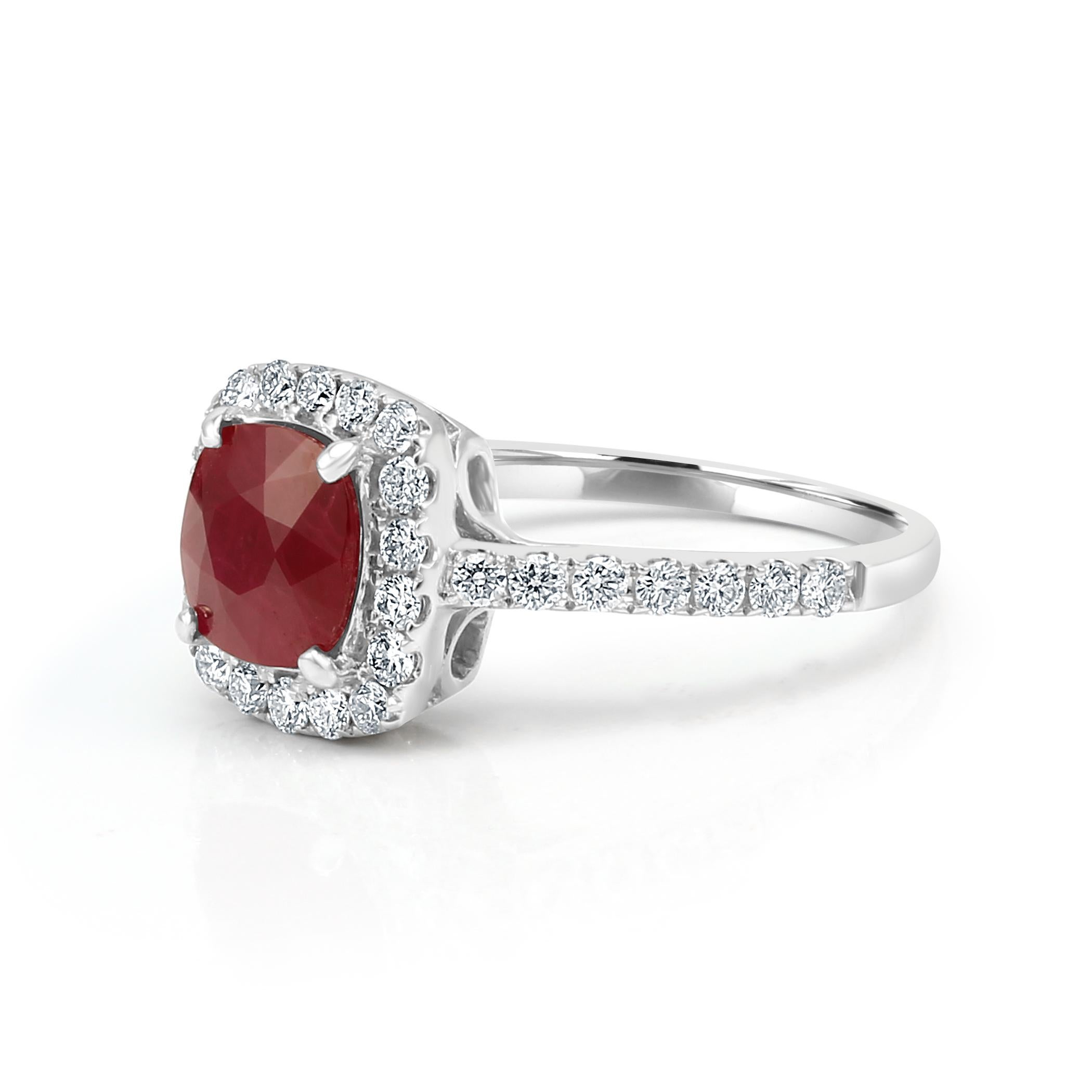 Contemporary Ruby Cushion Diamond Round Halo Gold Engagement Bridal Fashion Cocktail Ring