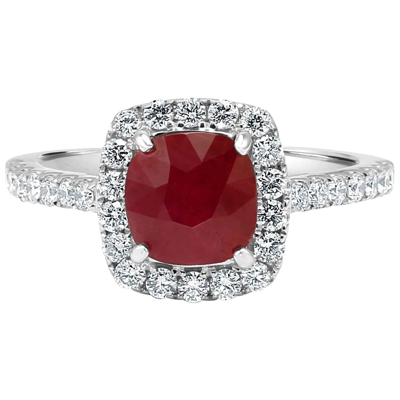 Ruby Cushion Diamond Round Halo Gold Engagement Bridal Fashion Cocktail Ring